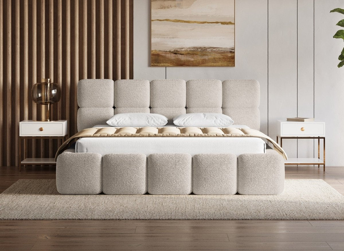 Lit coffre tissu bouclette taupe 180x200 cm BUBBLE - DécoInParis