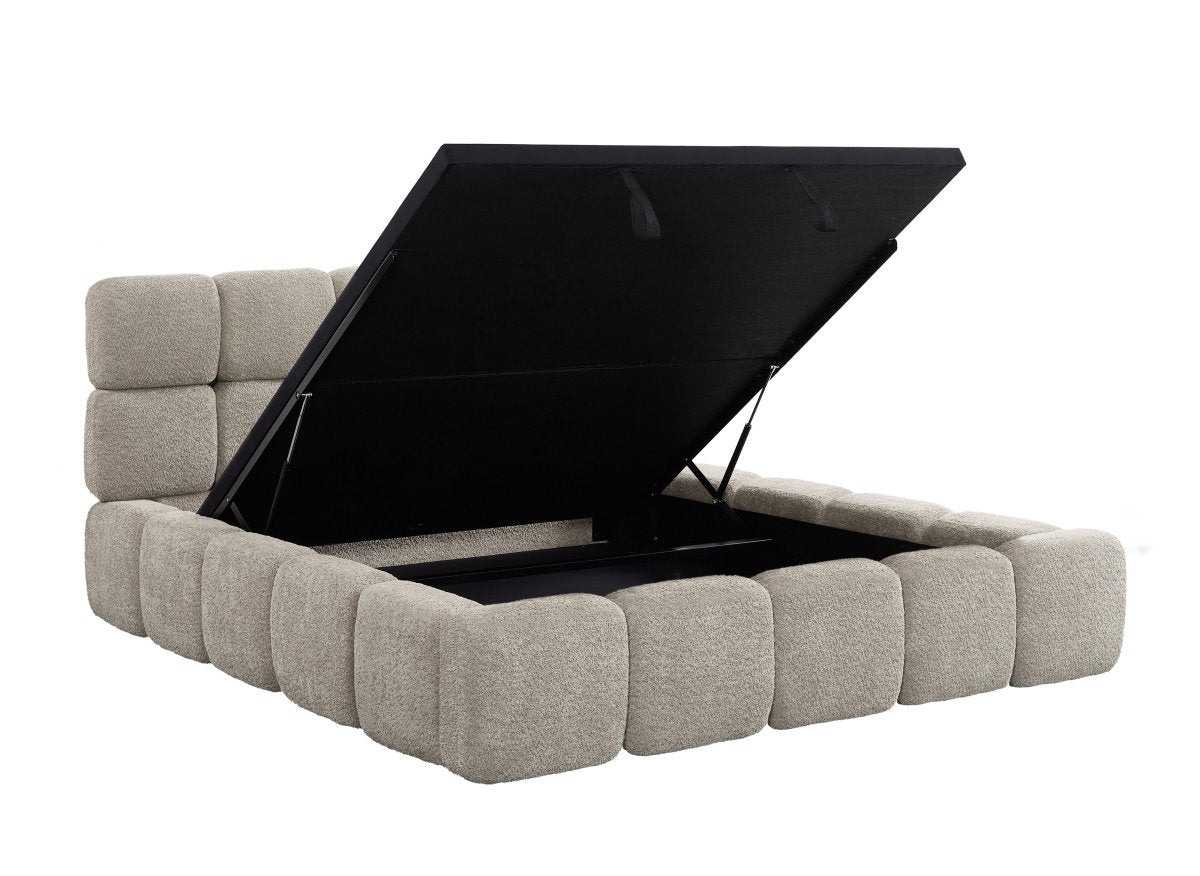 Lit coffre tissu bouclette taupe 180x200 cm BUBBLE - DécoInParis