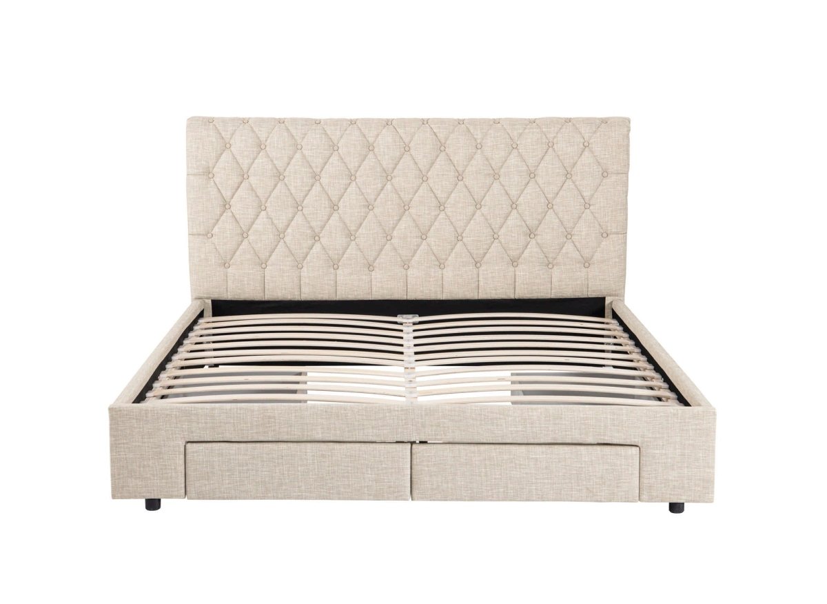 Lit double avec 4 tiroirs en lin beige 140x190 cm LEANDRE - DécoInParis