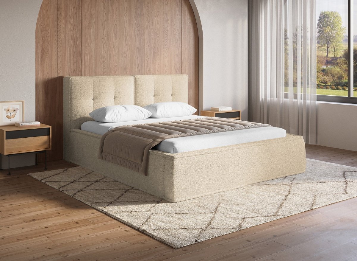 Lit double en tissu bouclette beige 140x190 cm YUNA - DécoInParis