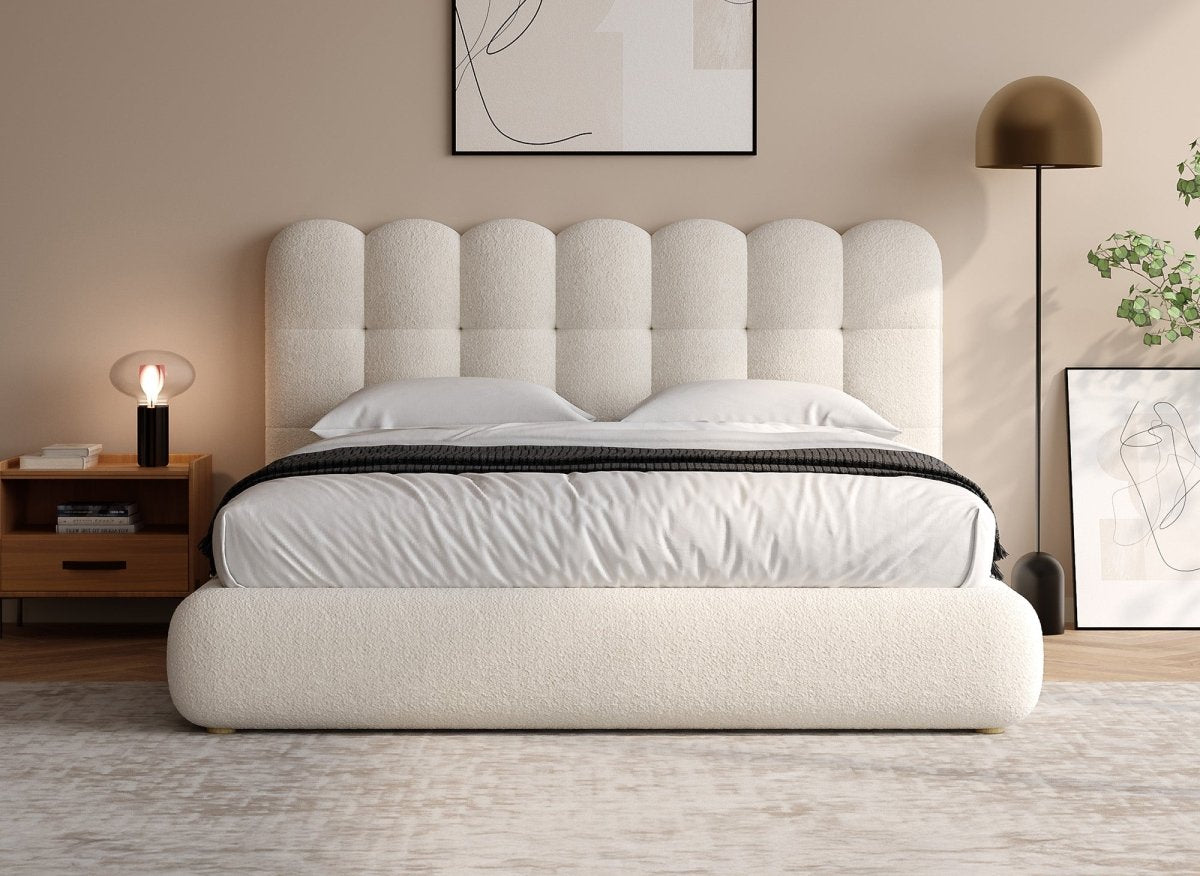 Lit double en tissu bouclette beige 160x200cm BISCUIT - DécoInParis