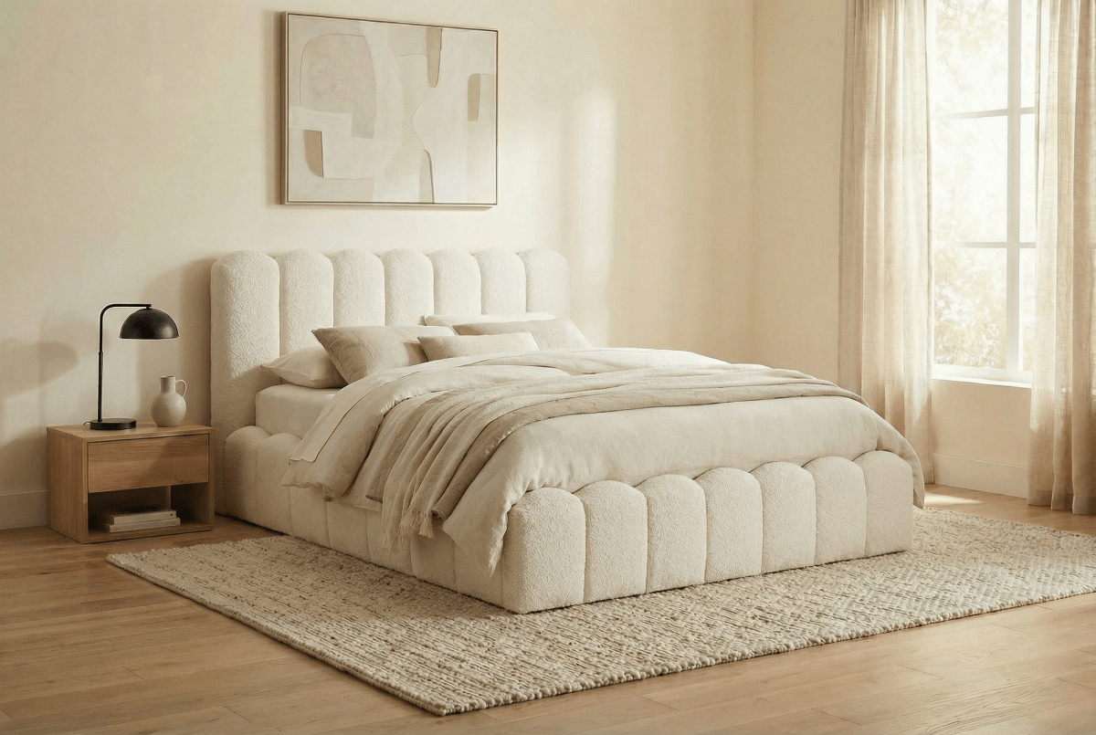 Lit double en tissu bouclette beige 180x200 cm RITA - DécoInParis