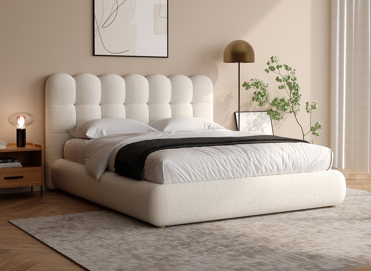 Lit double en tissu bouclette beige 180x200cm BISCUIT - DécoInParis