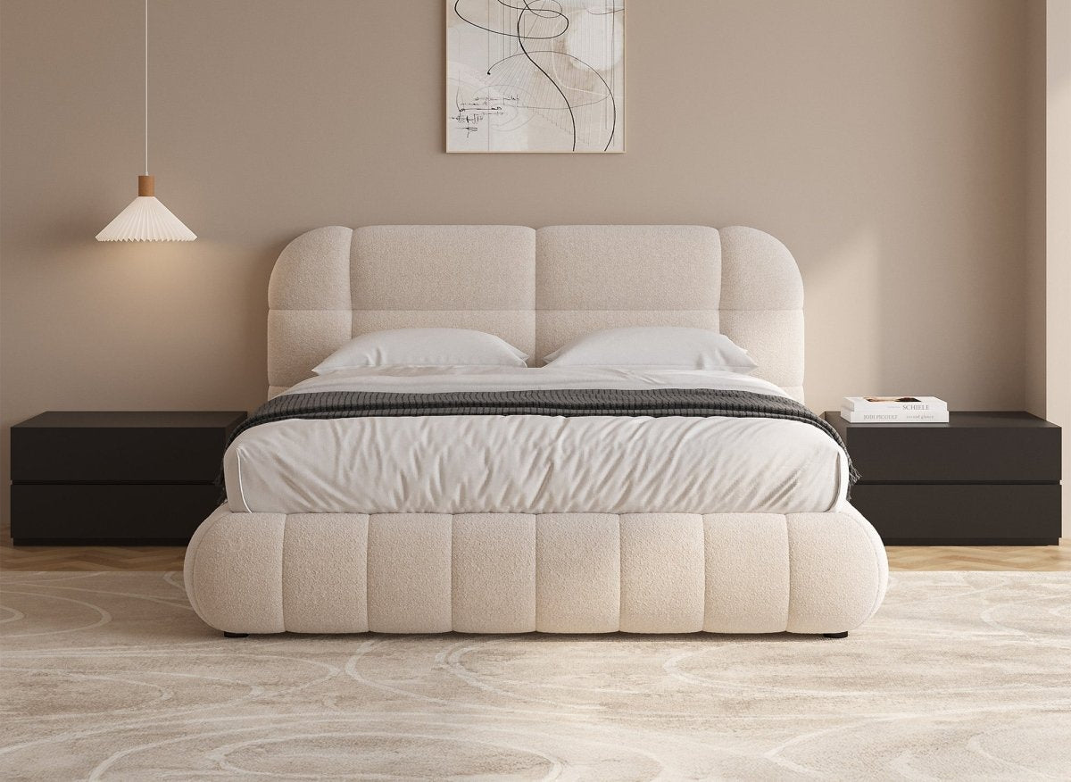 Lit double en tissu bouclette écru 140x190 cm YOURI - DécoInParis