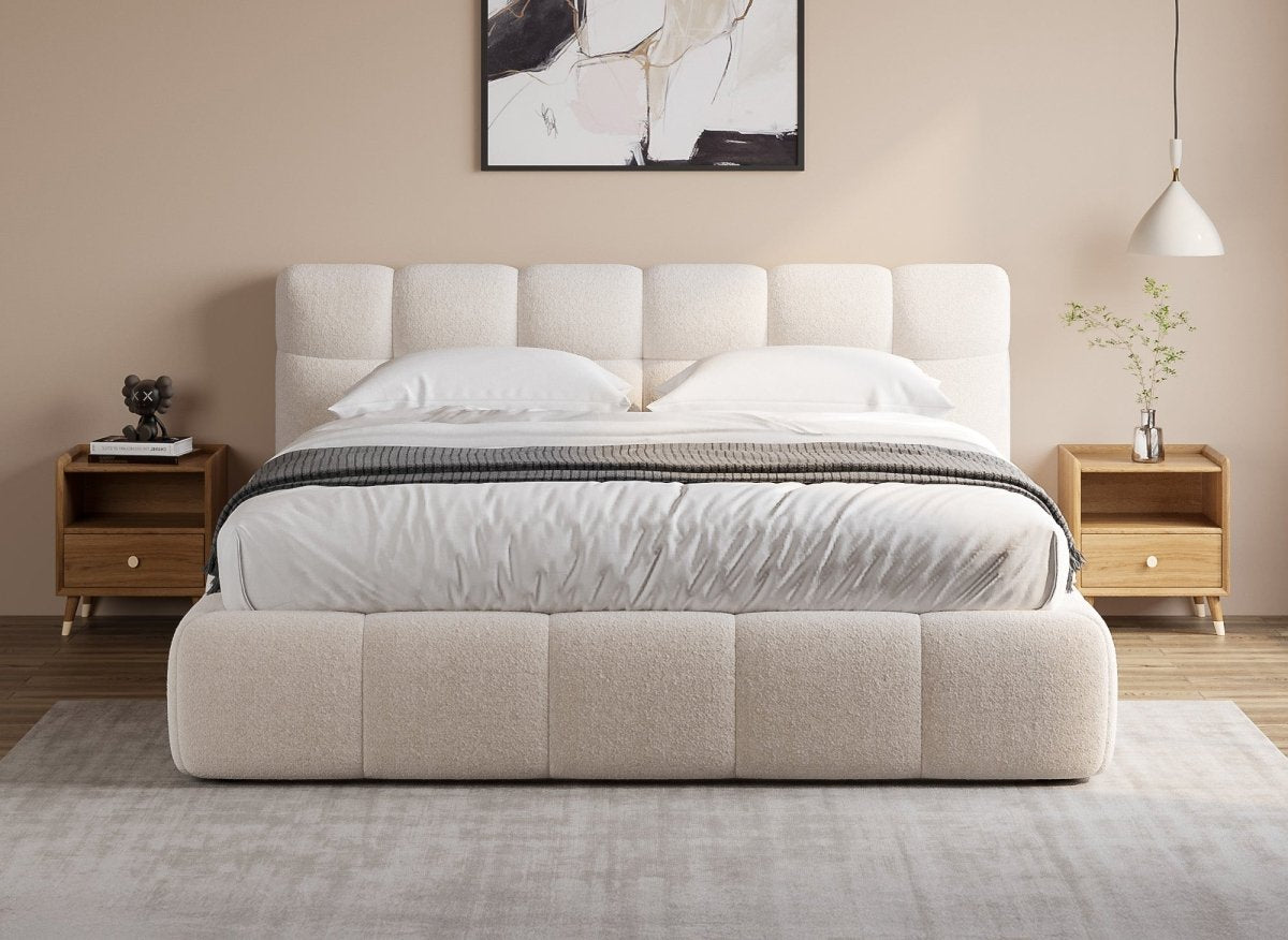 Lit double en tissu bouclette écru 160x200 cm GEORGINA - DécoInParis