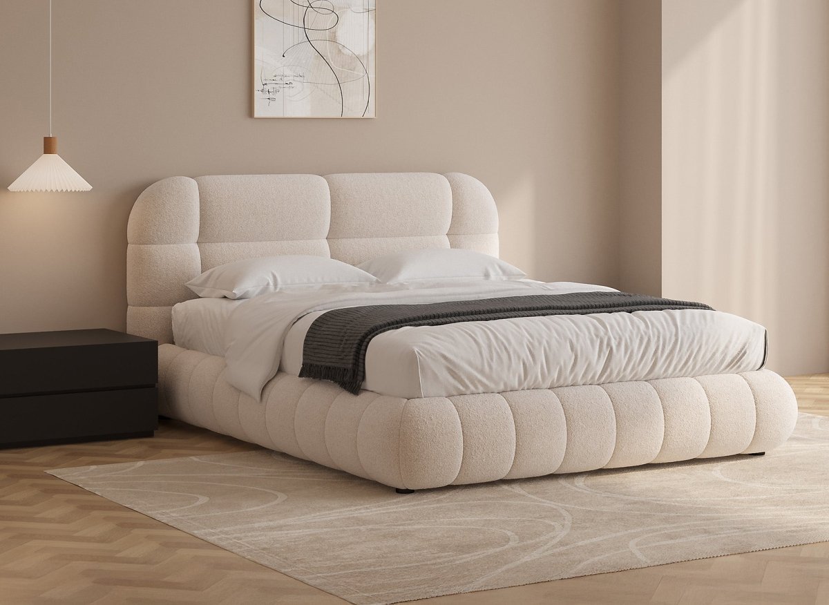 Lit double en tissu bouclette écru 180x200 cm YOURI - DécoInParis