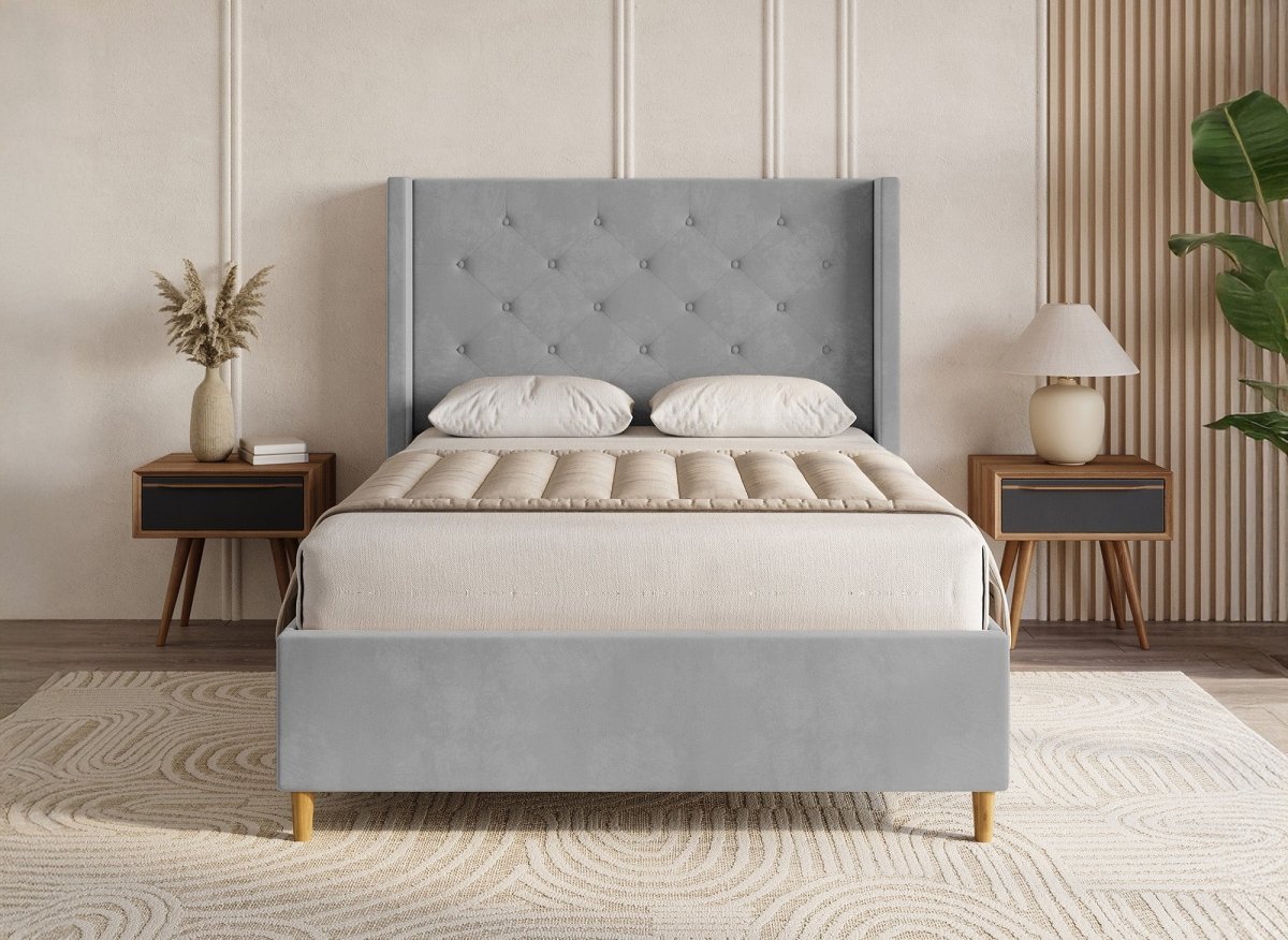 Lit double en velours capitonné gris MAREVA 140x190 cm - DécoInParis