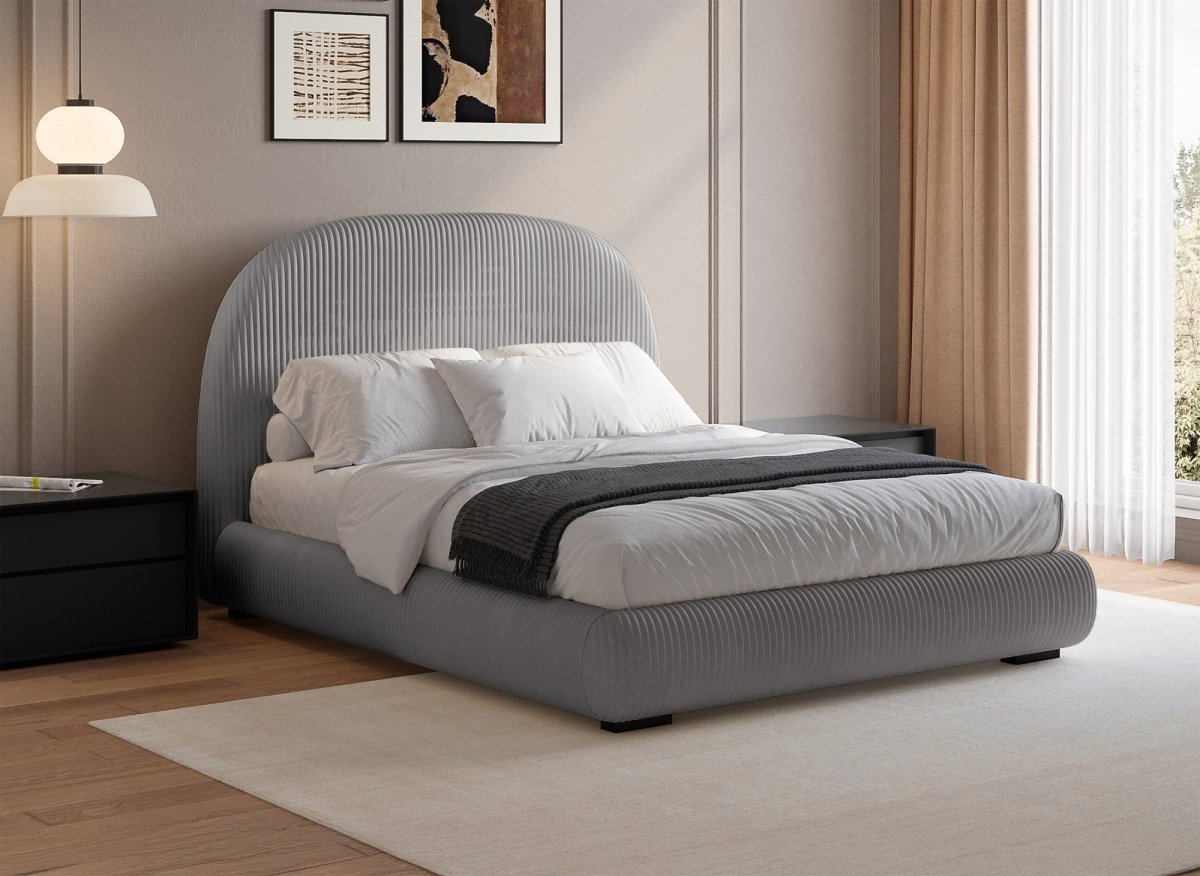 Lit double en velours côtelé épais gris 160x200cm COSY - DécoInParis