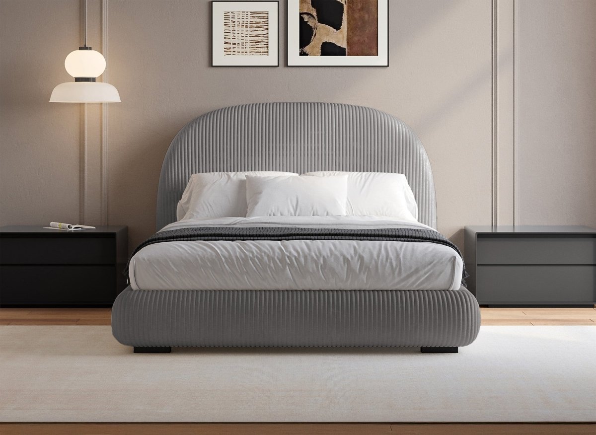 Lit double en velours côtelé épais gris 160x200cm COSY - DécoInParis