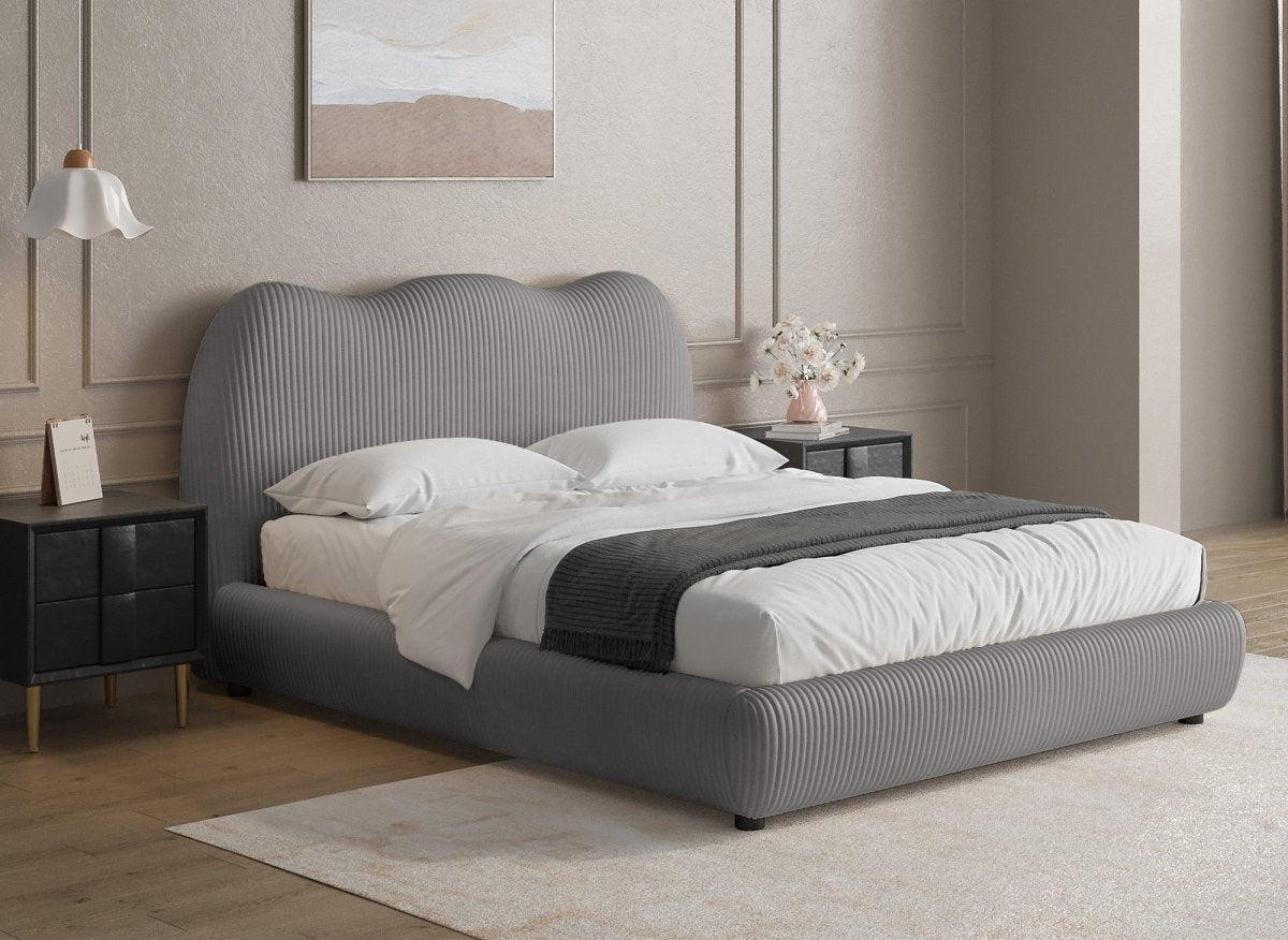 Lit double en velours côtelé épais gris 160x200cm SARA - DécoInParis