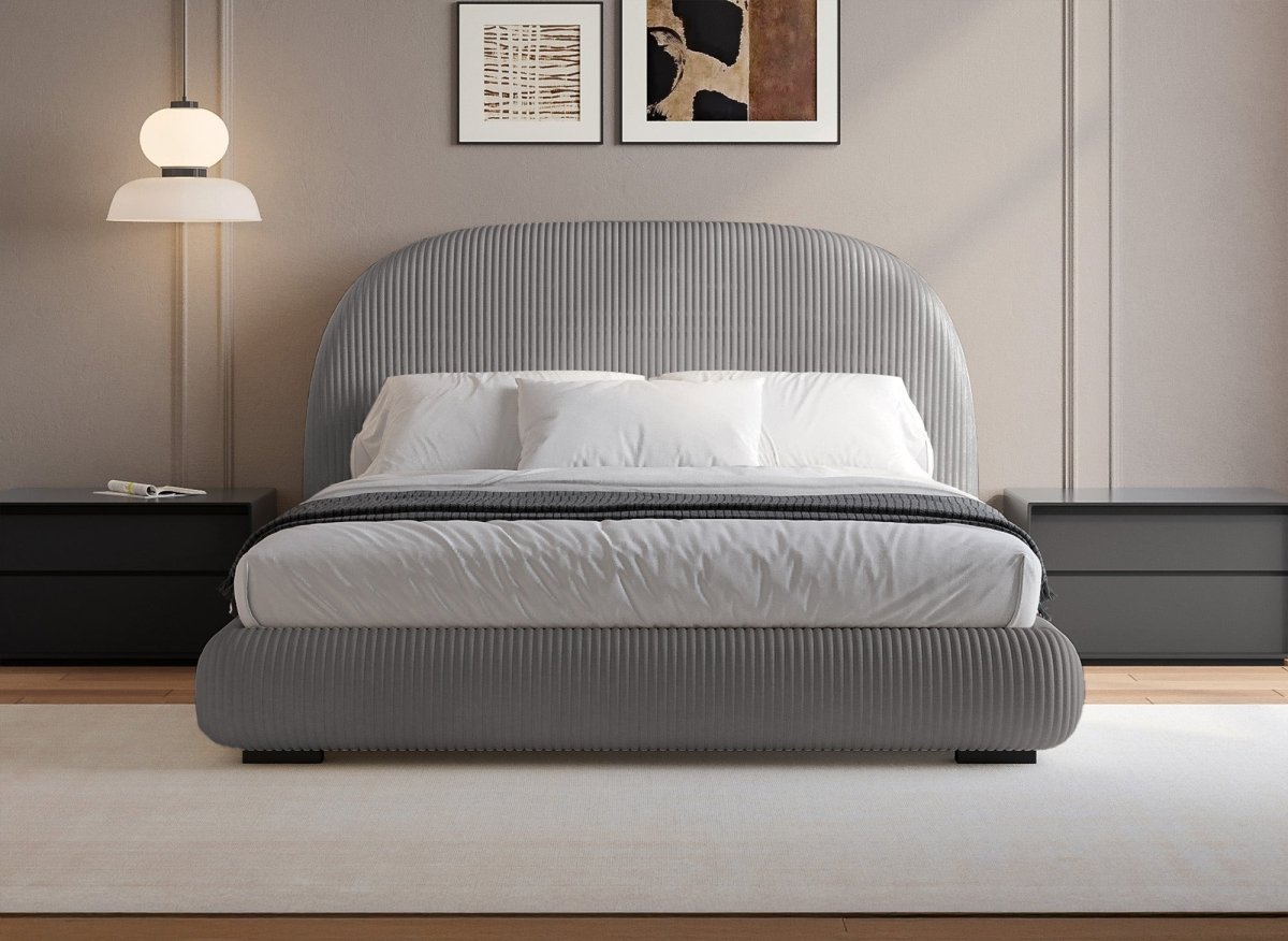 Lit double en velours côtelé épais gris 180x200cm COSY - DécoInParis