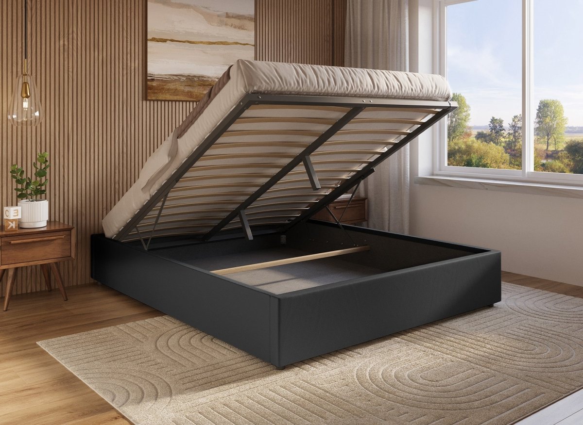 Lit sommier relevable avec coffre en simili cuir noir 180x200 cm LIZBAN - DécoInParis