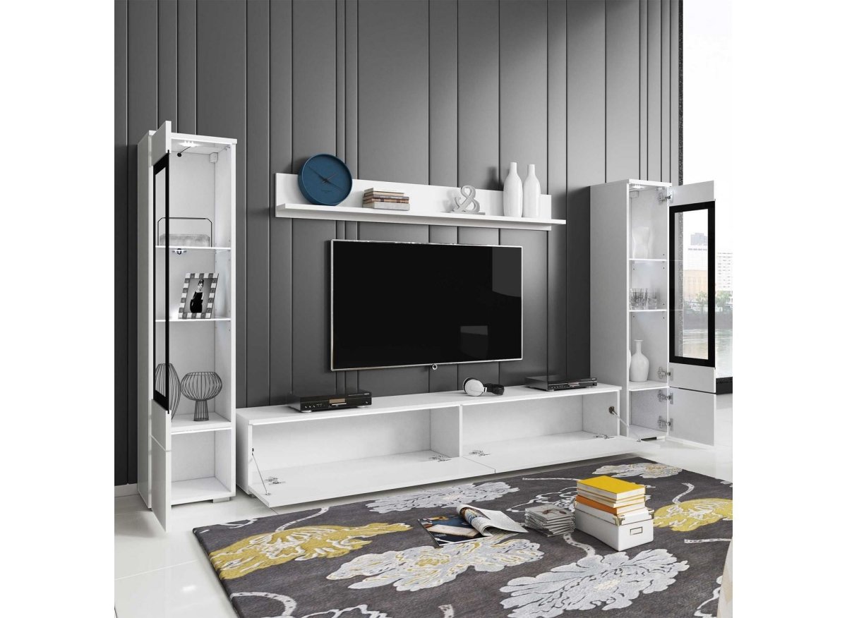 Meuble TV contemporain blanc laqué avec LED - VERONICA XL - DécoInParis