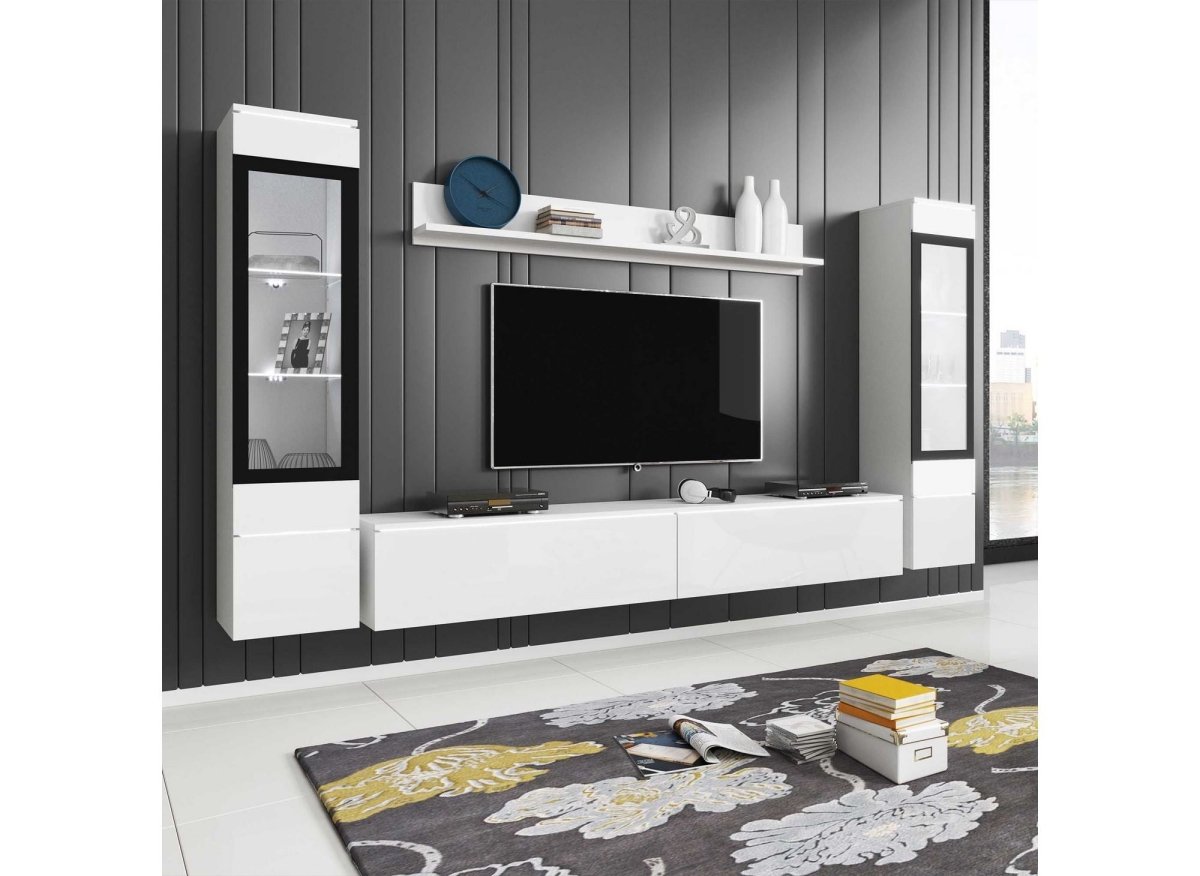 Meuble TV contemporain blanc laqué avec LED - VERONICA XL - DécoInParis