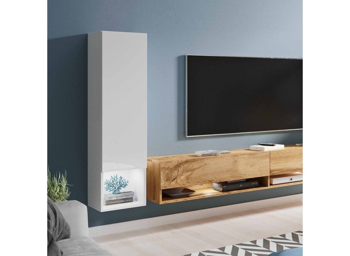 Meuble TV contemporain chêne et blanc laqué avec LED - AMANDA - DécoInParis