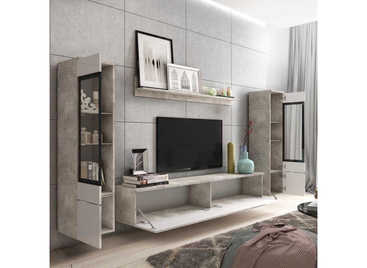 Meuble TV contemporain gris béton et blanc laqué avec LED - VERONICA XL - DécoInParis