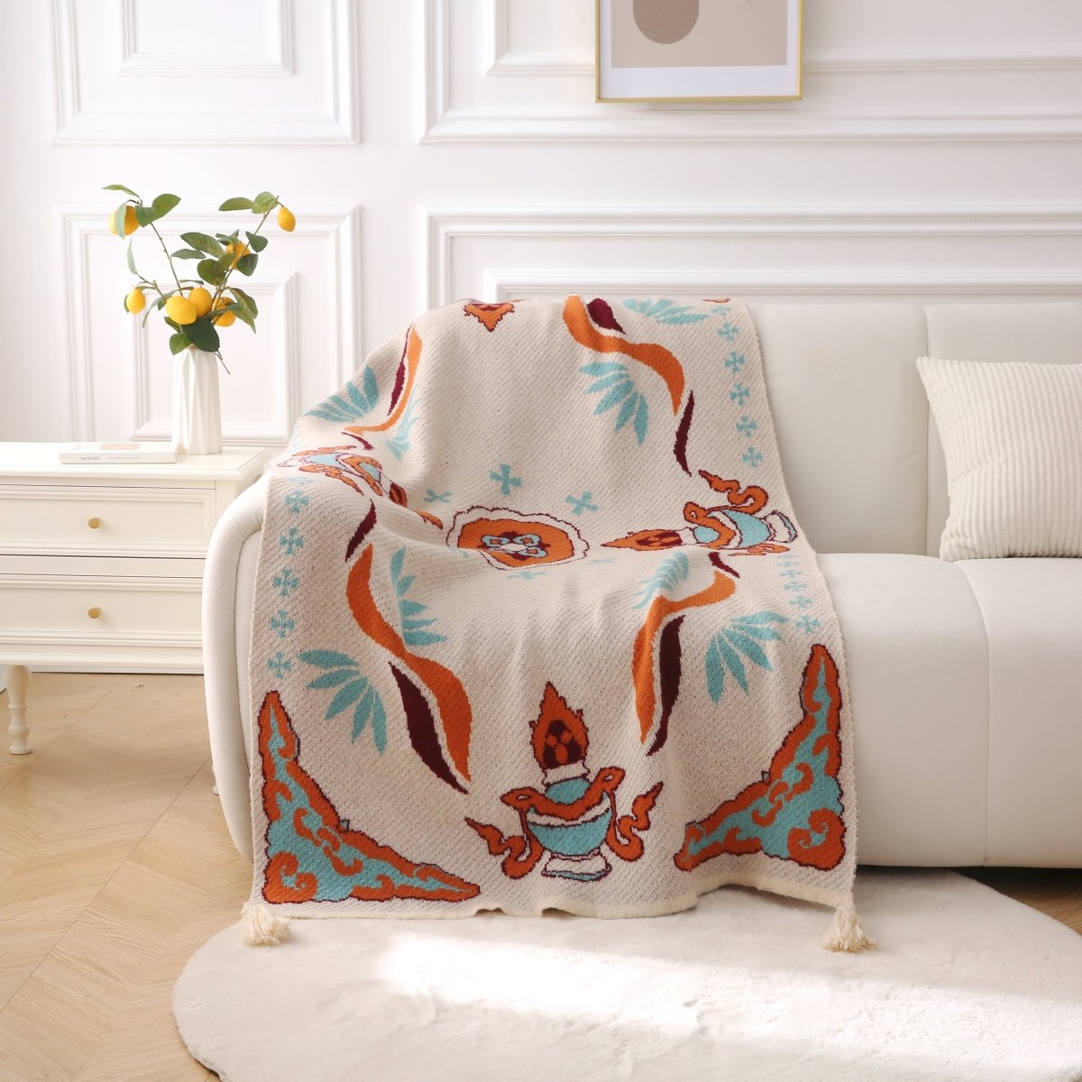 Plaid beige à motifs bleus et orange 130 x 180 cm SVELTA - DécoInParis