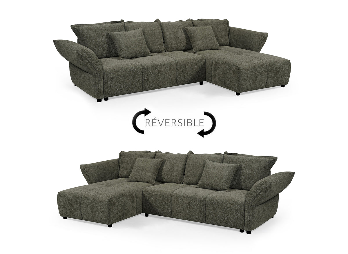 Canapé d'angle convertible réversible en velours tissé vert olive BELINE