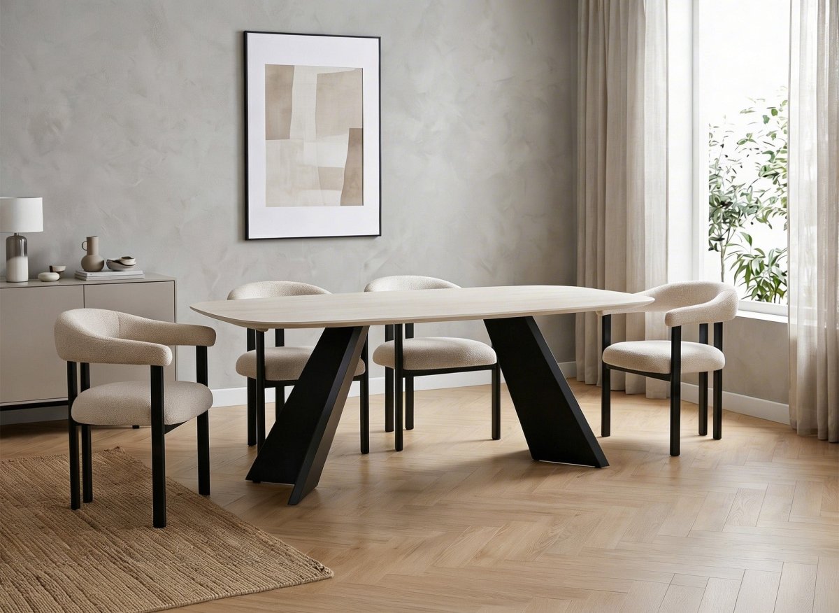 Table à manger en céramique beige pieds noir 8 personnes ZELLY - DécoInParis