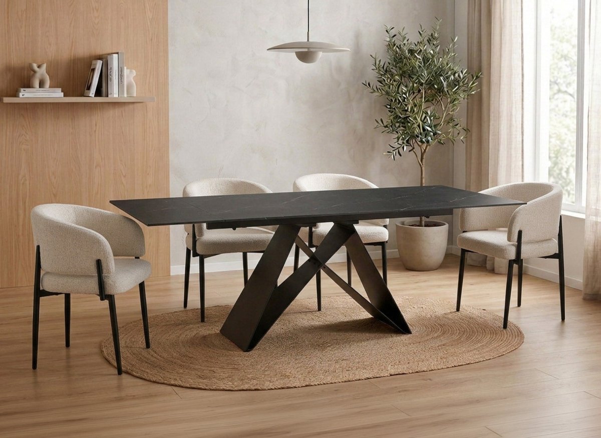 Table à manger extensible en métal noir avec plateau en céramique noir HELSINKI - DécoInParis