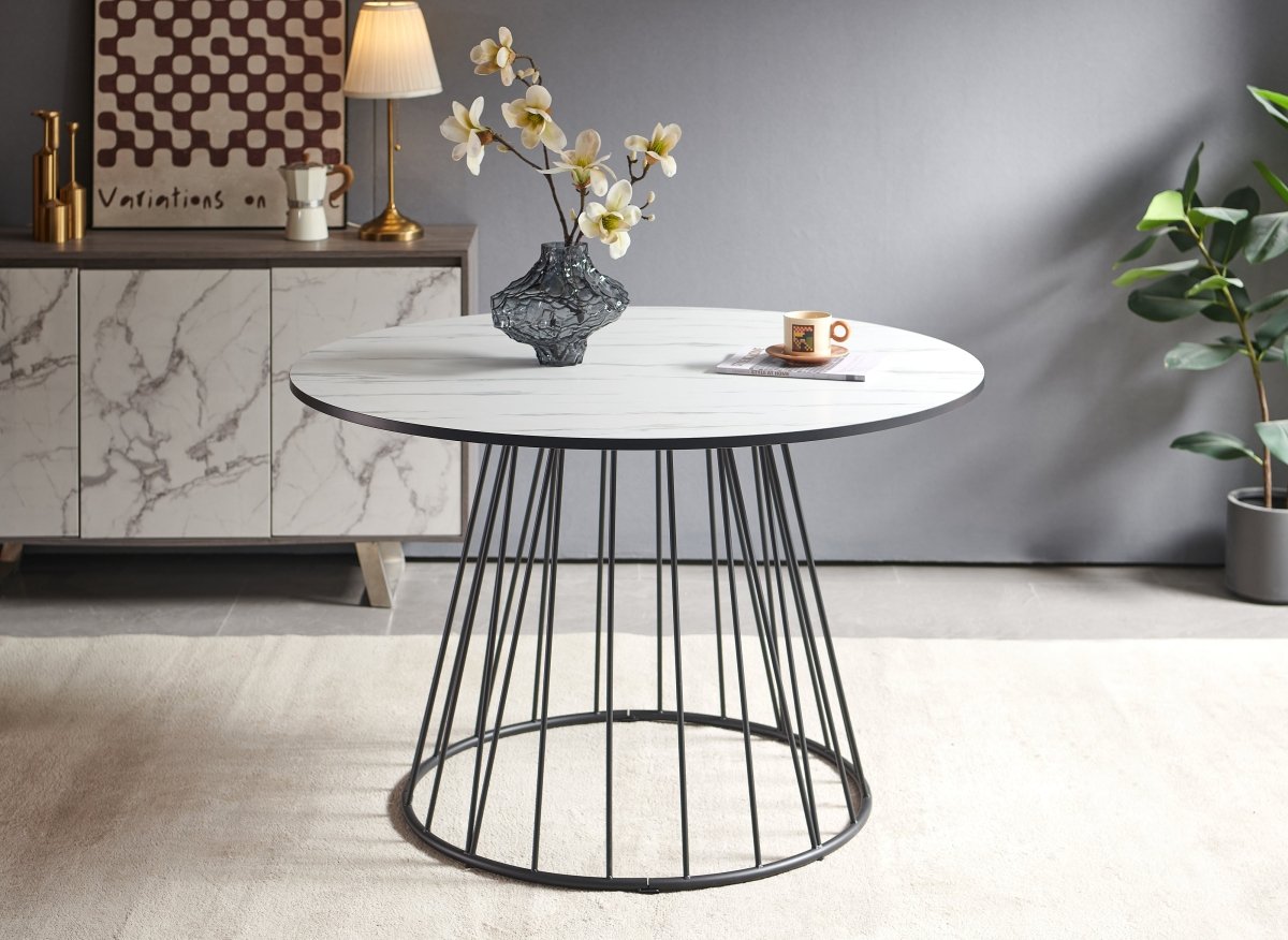 Table à manger ronde effet marbre blanc pied en métal noir STELLA - DécoInParis