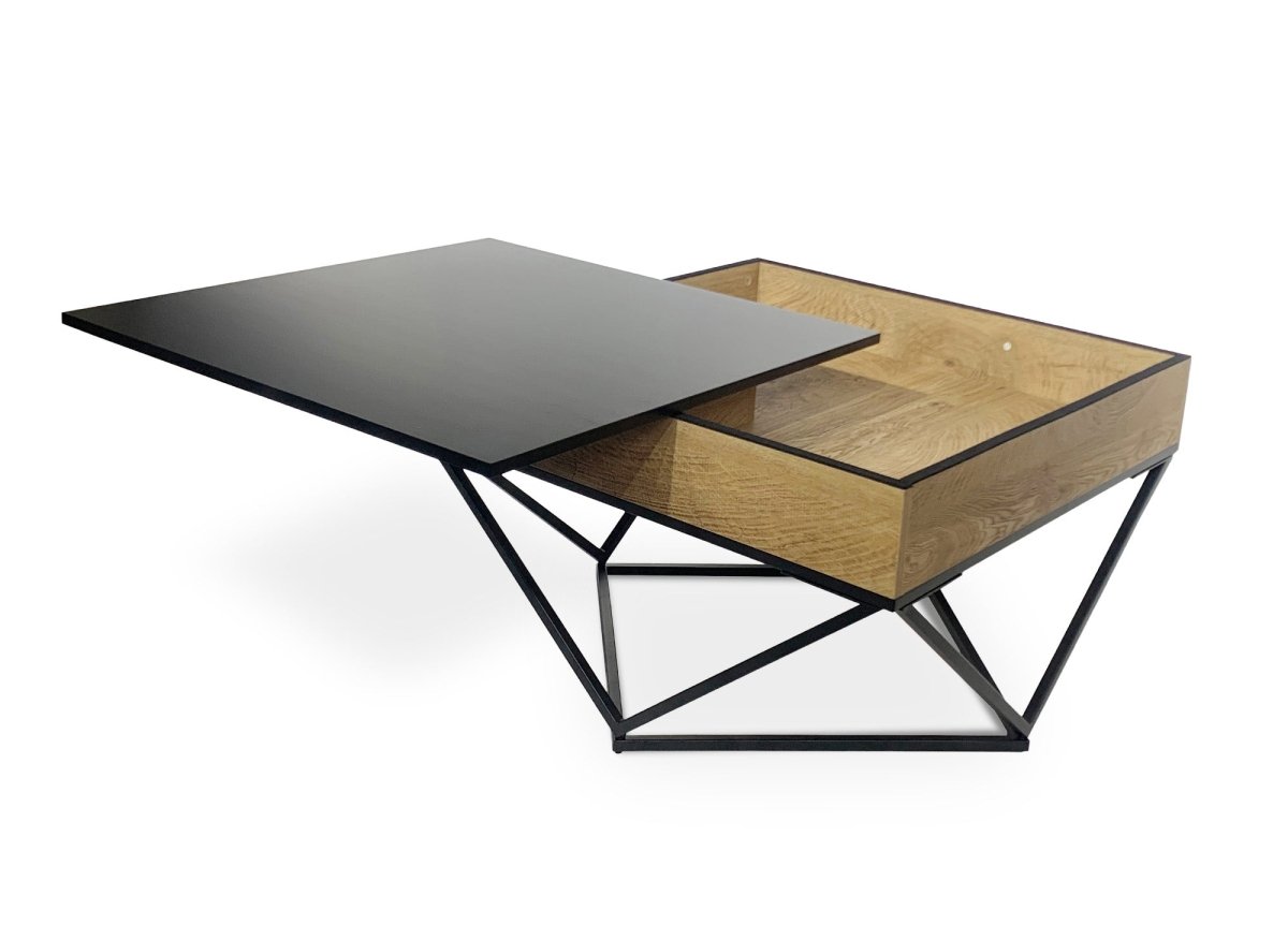 Table basse en bois avec plateau pivotant en verre trempé noir et pieds métal ZELIE - DécoInParis