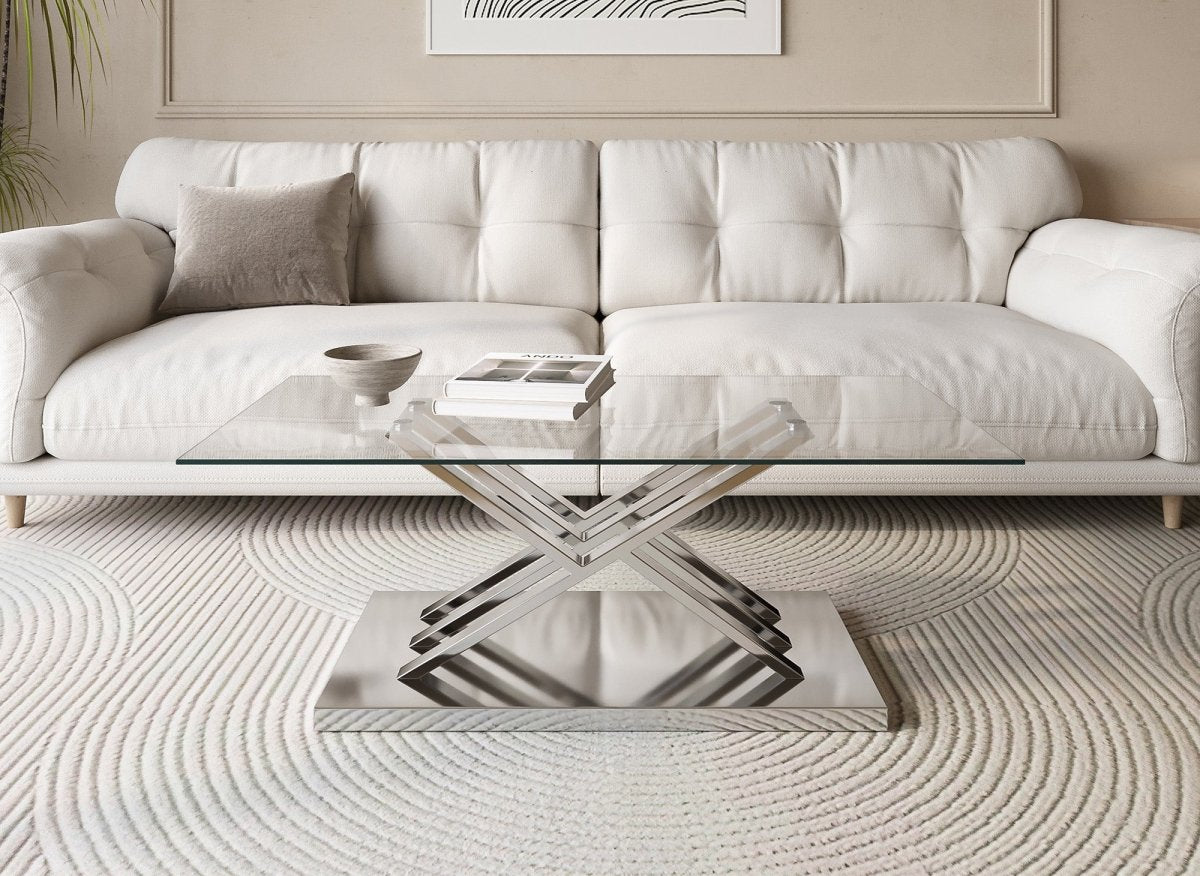 Table basse rectangulaire design avec pieds géométrique argentés NELLA - DécoInParis