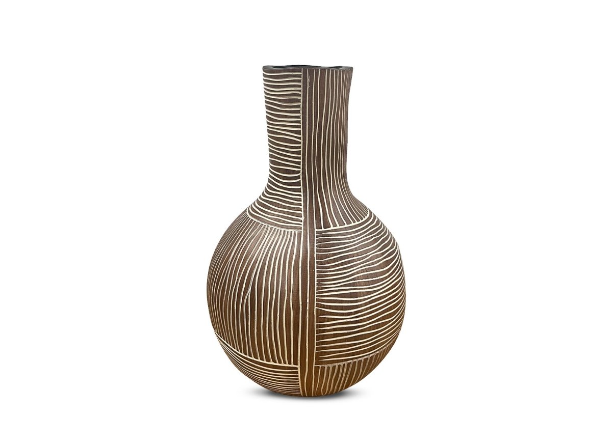 Vase ethnique en polyrésine bois et blanc H36 cm AKIRA - DécoInParis