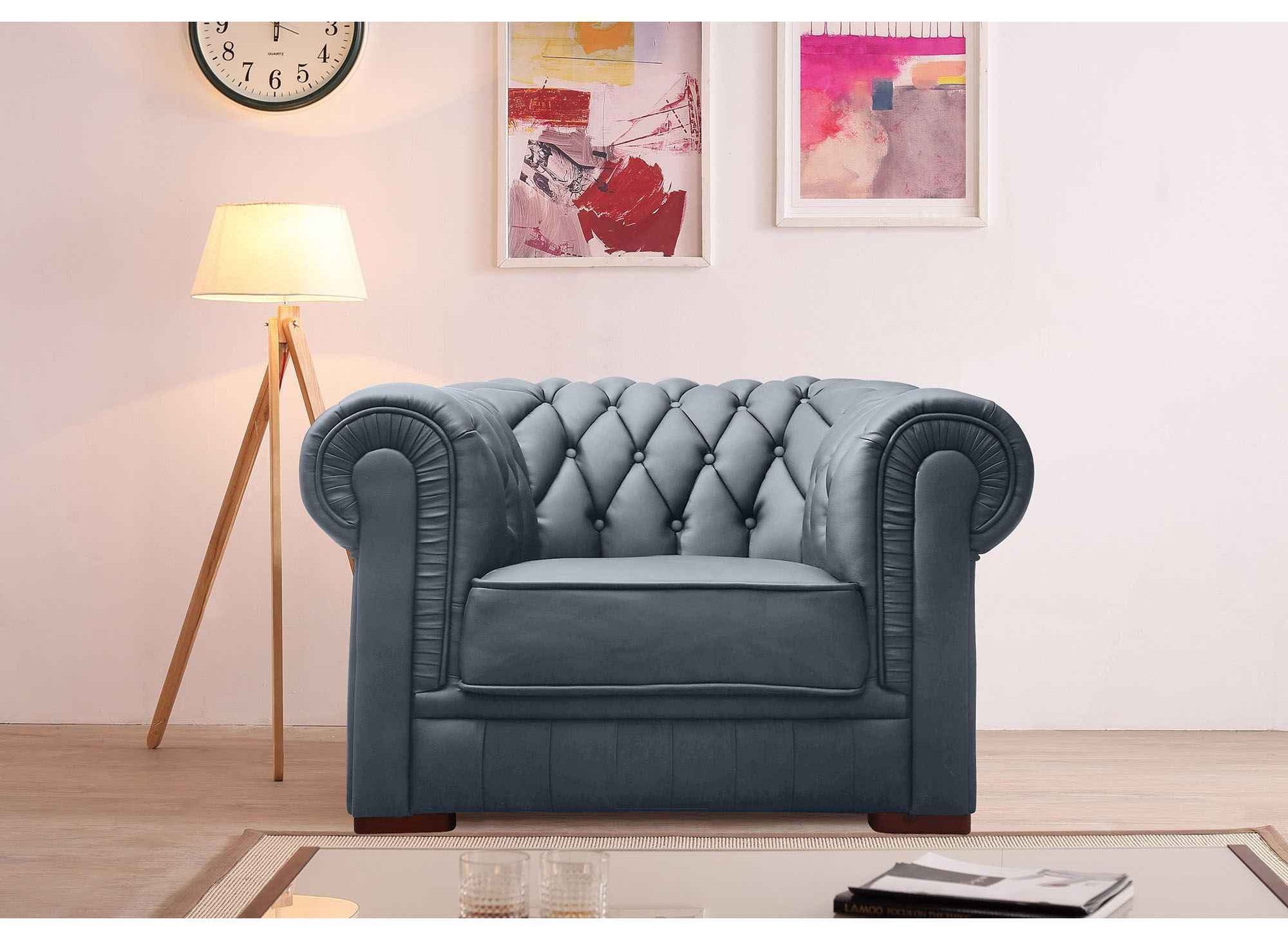 Fauteuil Capitonne En Cuir Gris Chesterfield Decoinparis