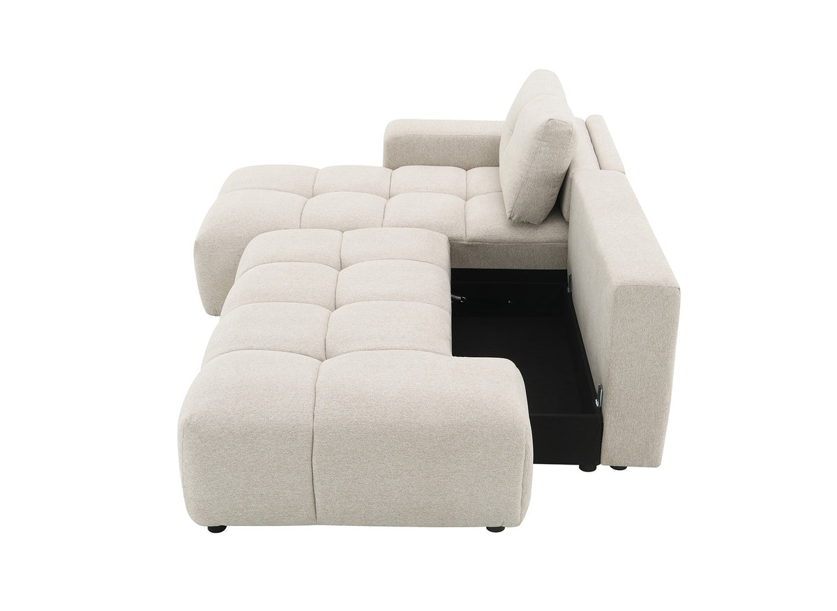 Canapé d'angle convertible avec coffre en tissu texturé beige ANGELINE - Angle gauche