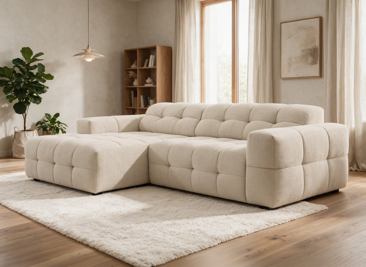 Canapé d'angle relax électrique en velours texturé beige FEDORA - Angle gauche