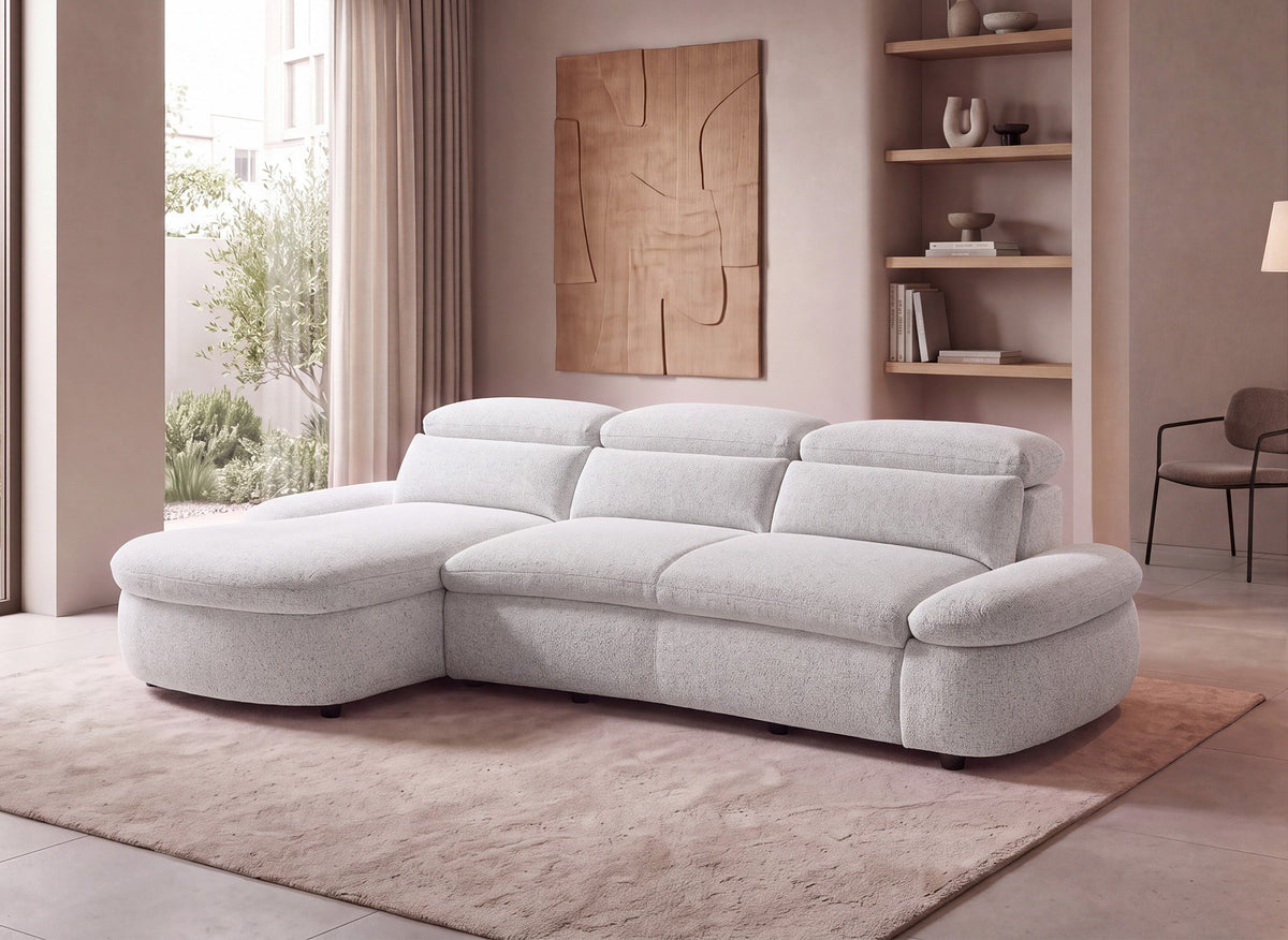 Canapé d'angle relax électrique en tissu bouclette beige CLEMENT - Angle gauche