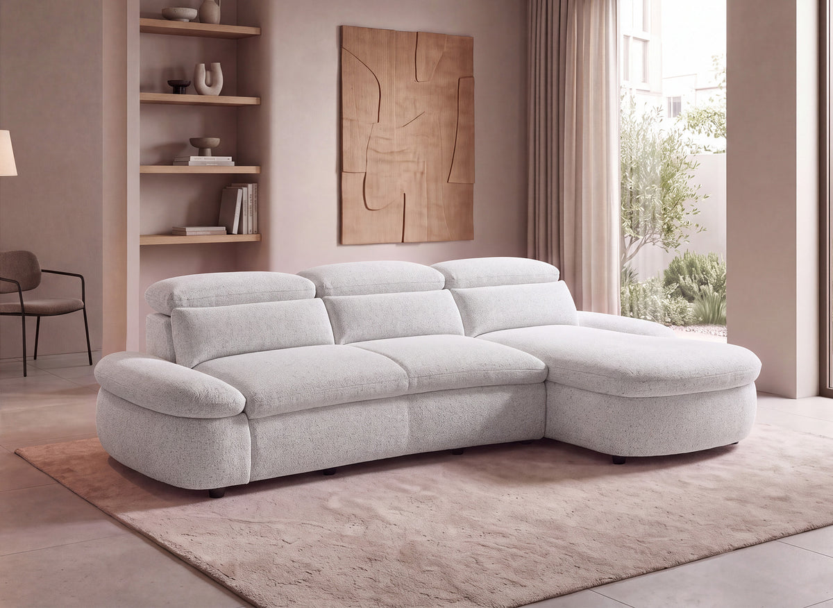 Canapé d'angle relax électrique en tissu bouclette beige CLEMENT - Angle droit