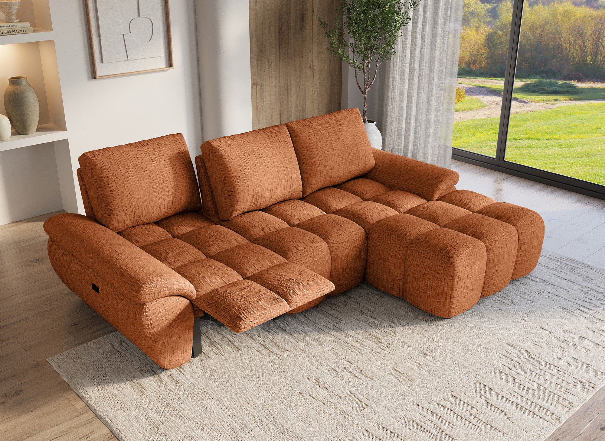 Canapé d’angle relax électrique en velours chiné terracotta ALPES - Angle droit