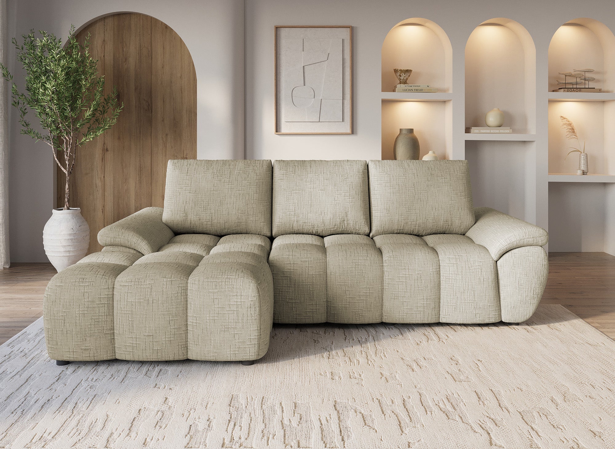 Canapé d’angle relax électrique en velours chiné taupe ALPES - Angle gauche