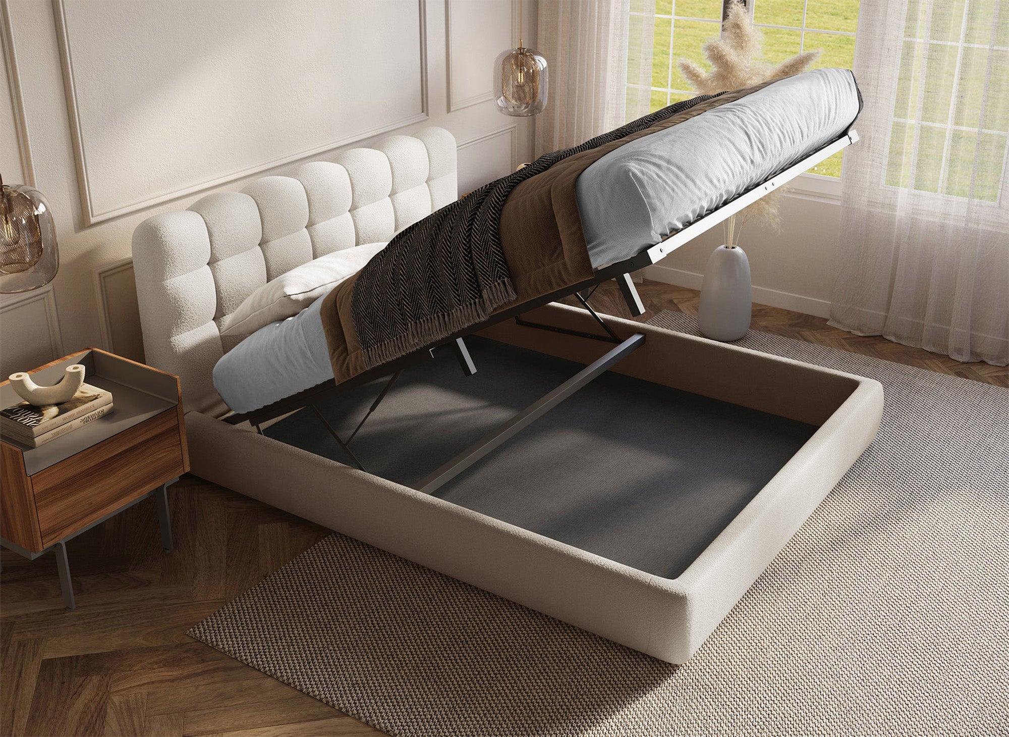 Lit coffre en tissu bouclette beige 160x200 cm BISCUIT