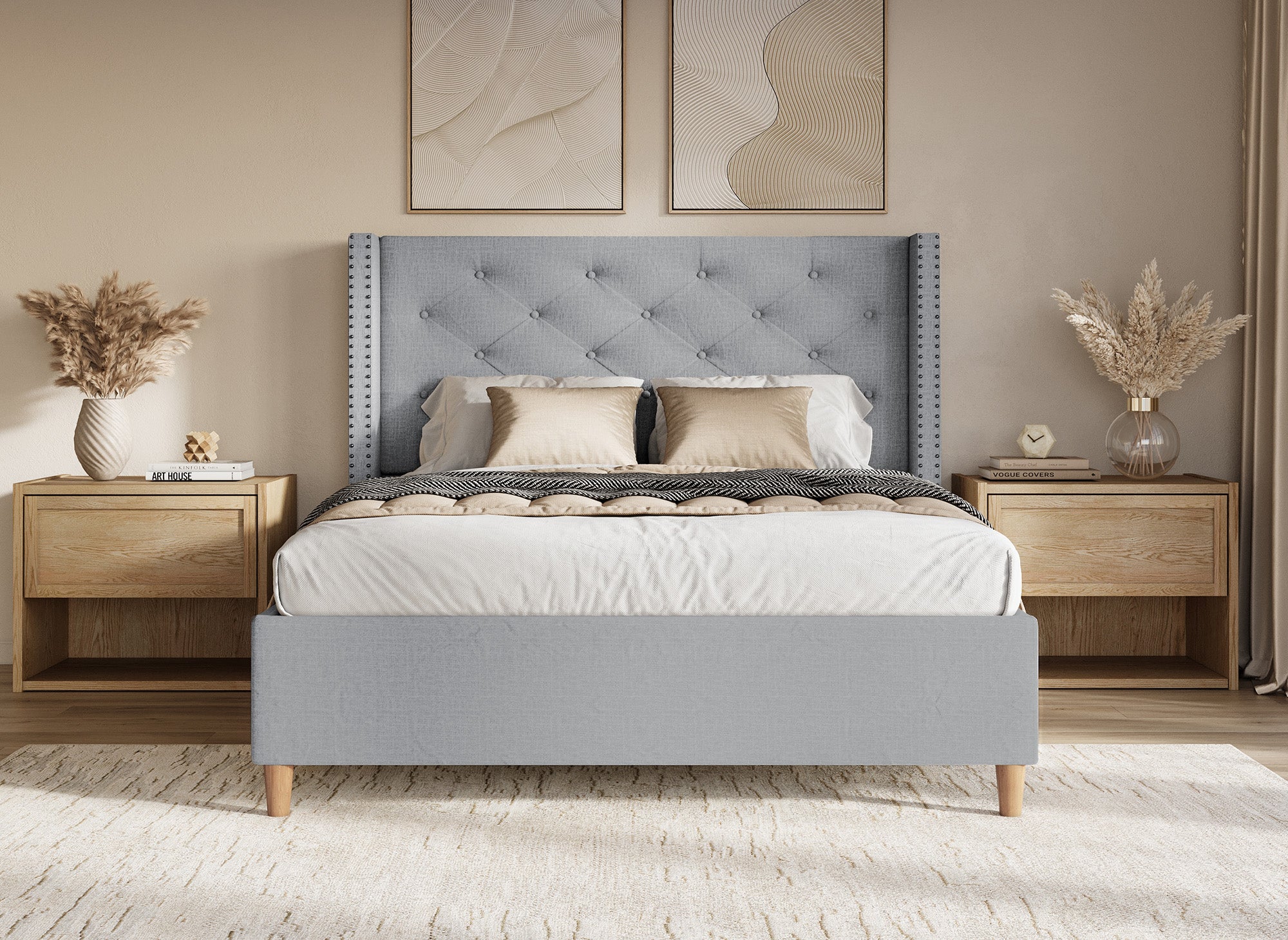 Lit double en tissu capitonné gris 160x200 cm MARGOT