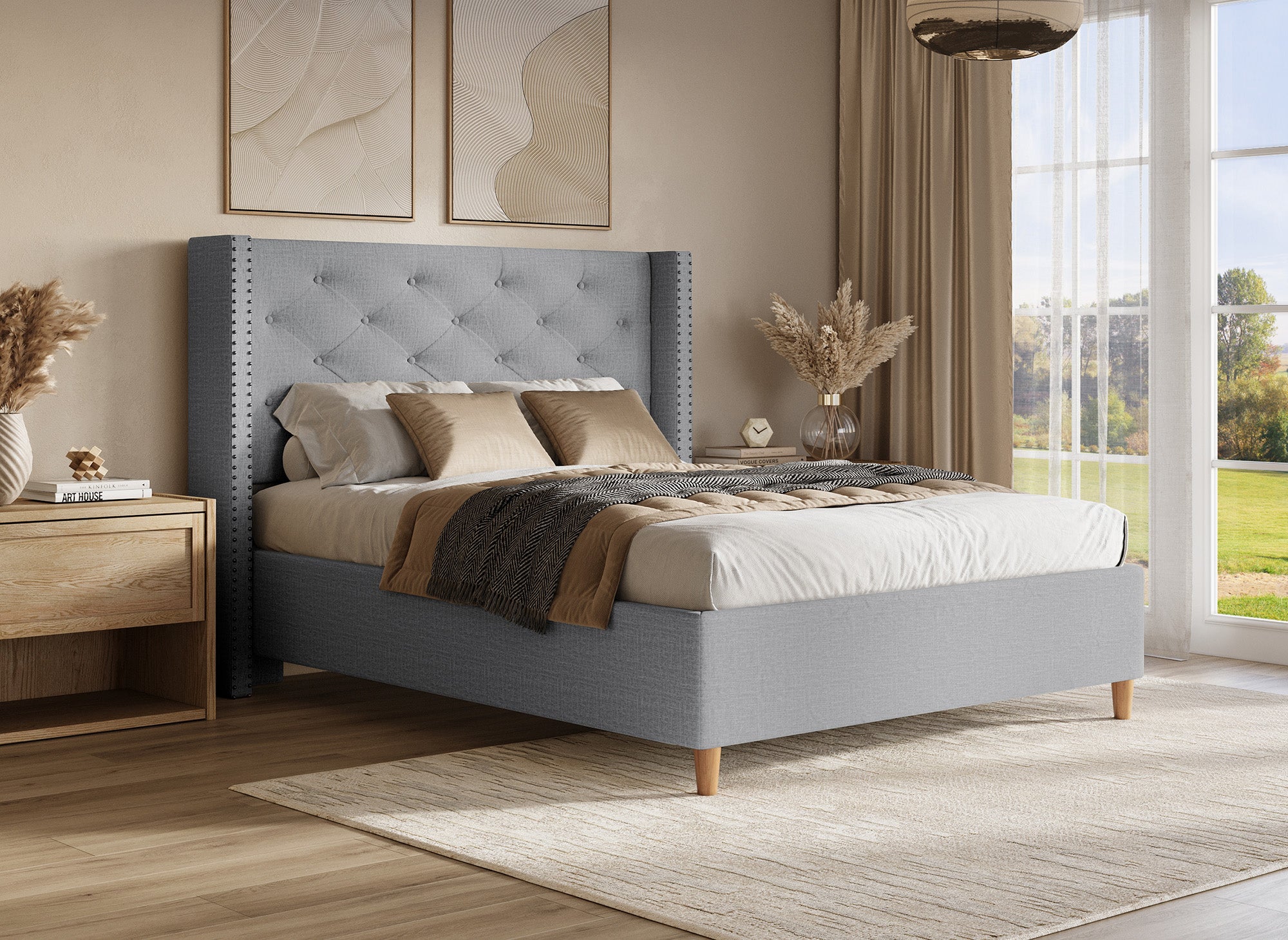 Lit double en tissu capitonné gris 160x200 cm MARGOT