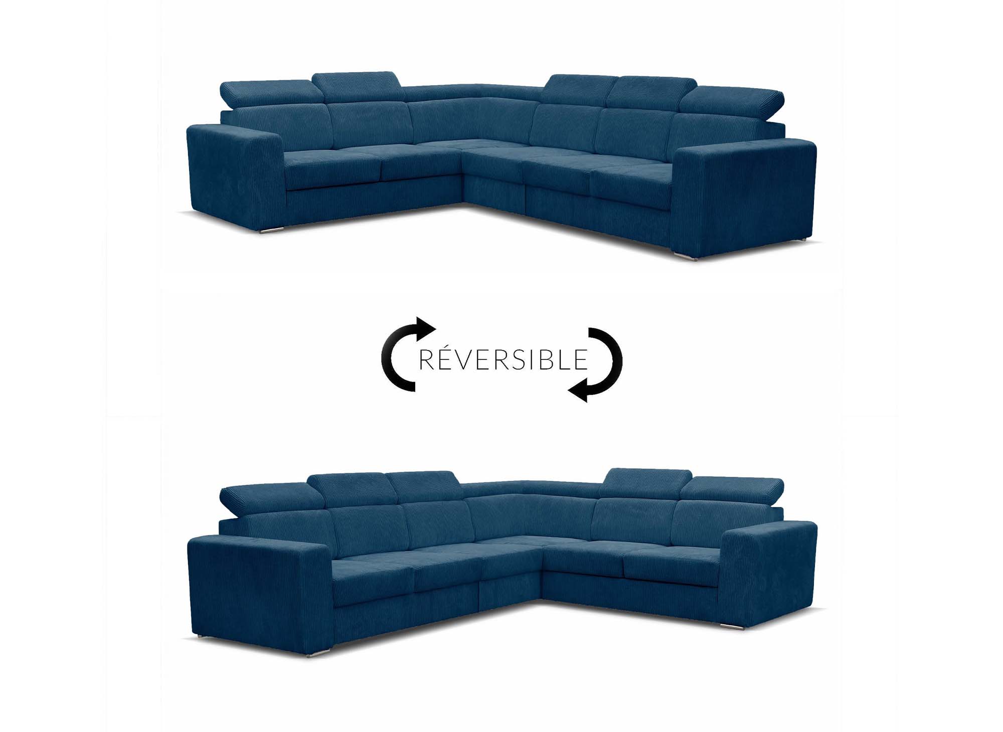 Canapé d'angle convertible et réversible en velours côtelé bleu MERYL XL