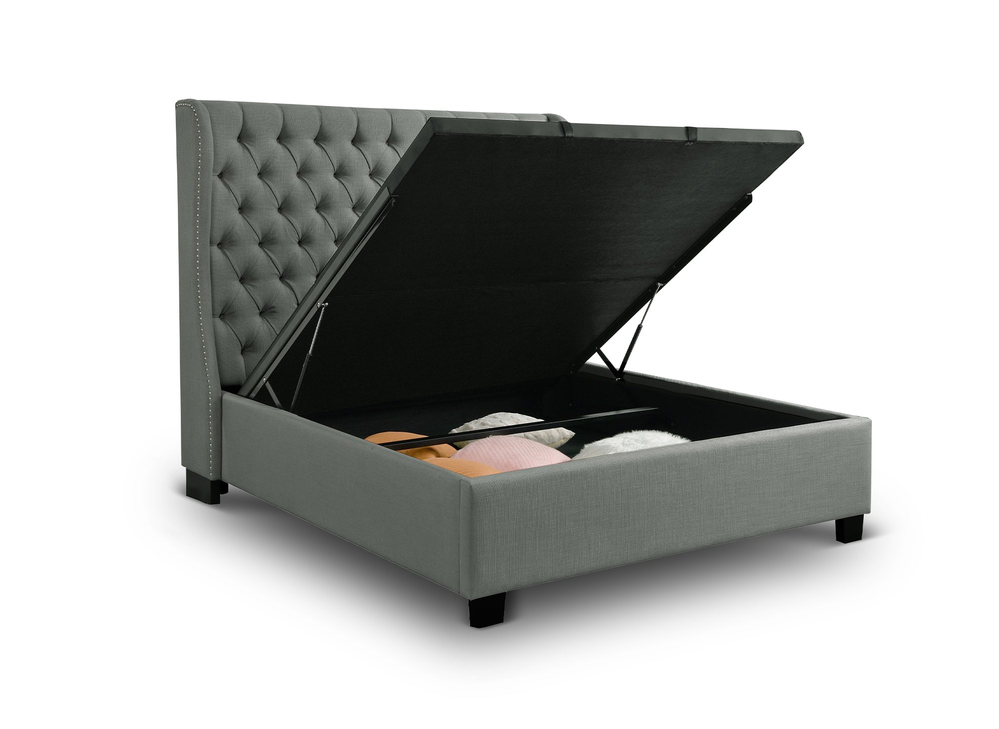 Lit coffre capitonné en tissu lin gris FLORINE 180 x 200 cm