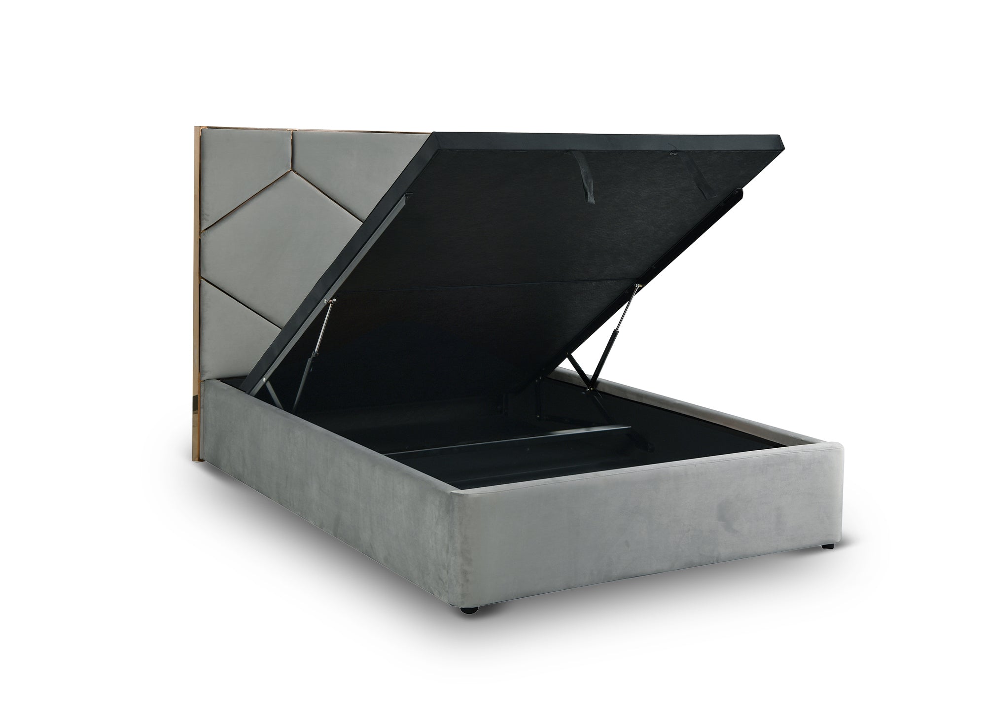 Lit coffre avec tête de lit design en velours gris LARA 140 x 190 cm