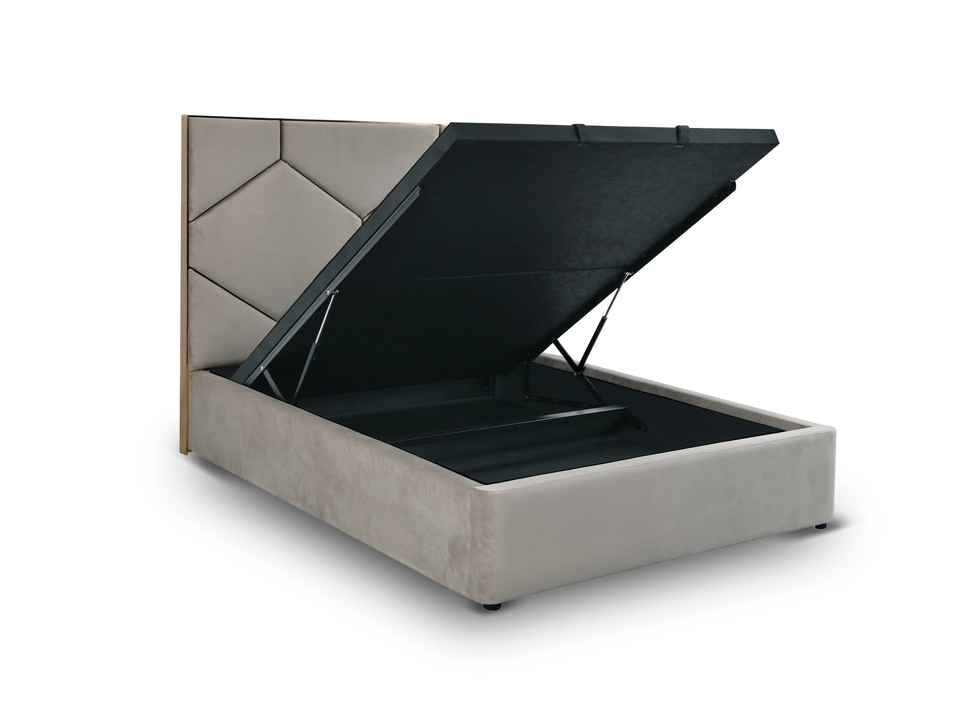 Lit coffre avec tête de lit design en velours taupe LARA 140 x 190 cm