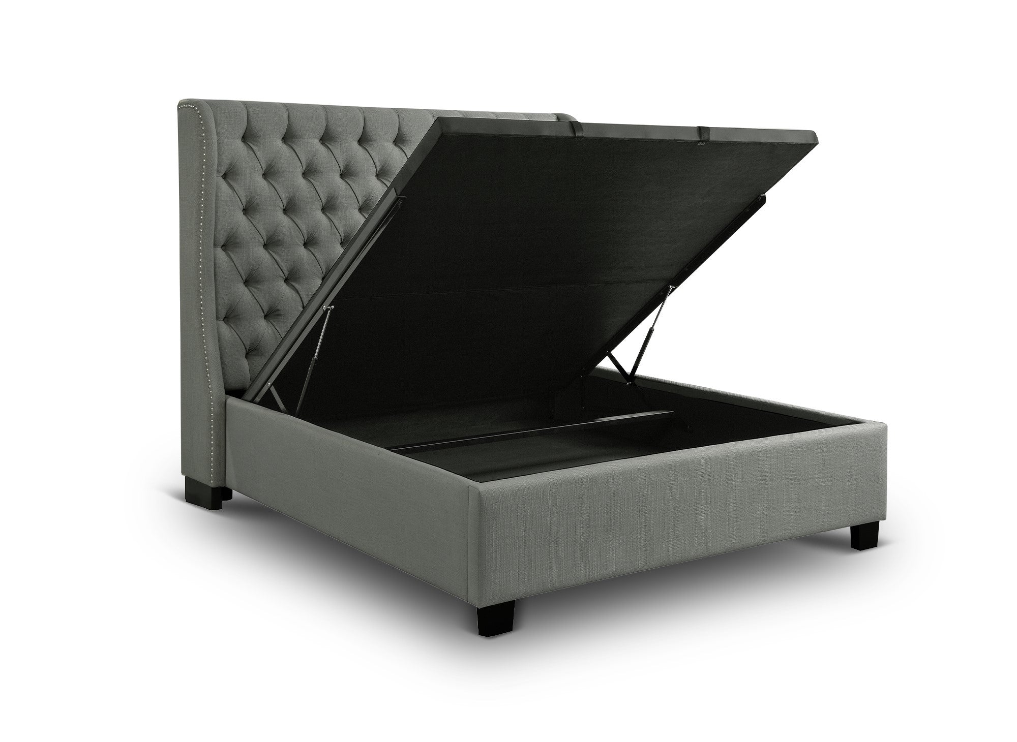 Lit coffre capitonné en tissu lin gris FLORINE 180 x 200 cm