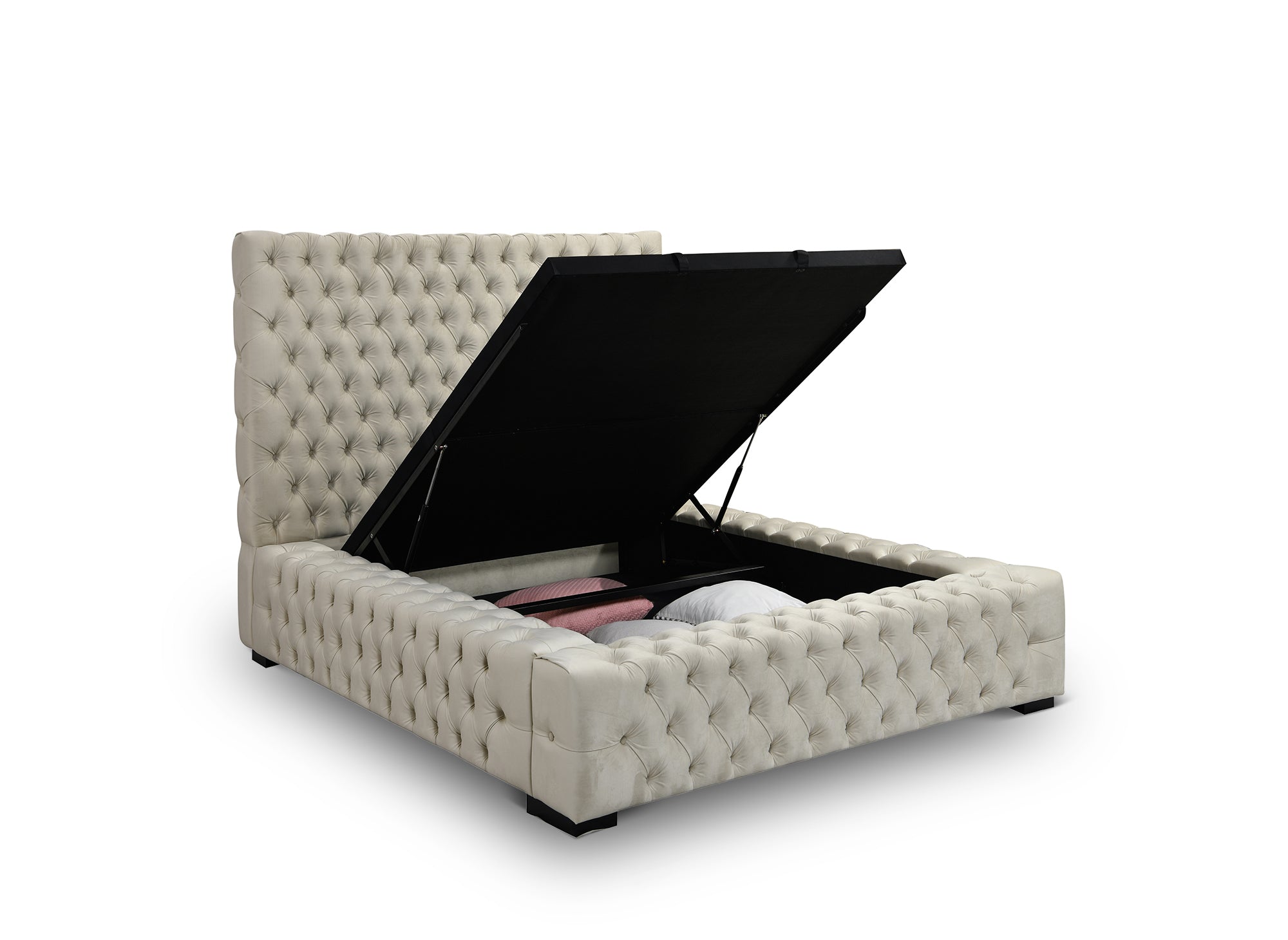 Lit coffre capitonné en velours beige IDALINE 140 x 190 cm