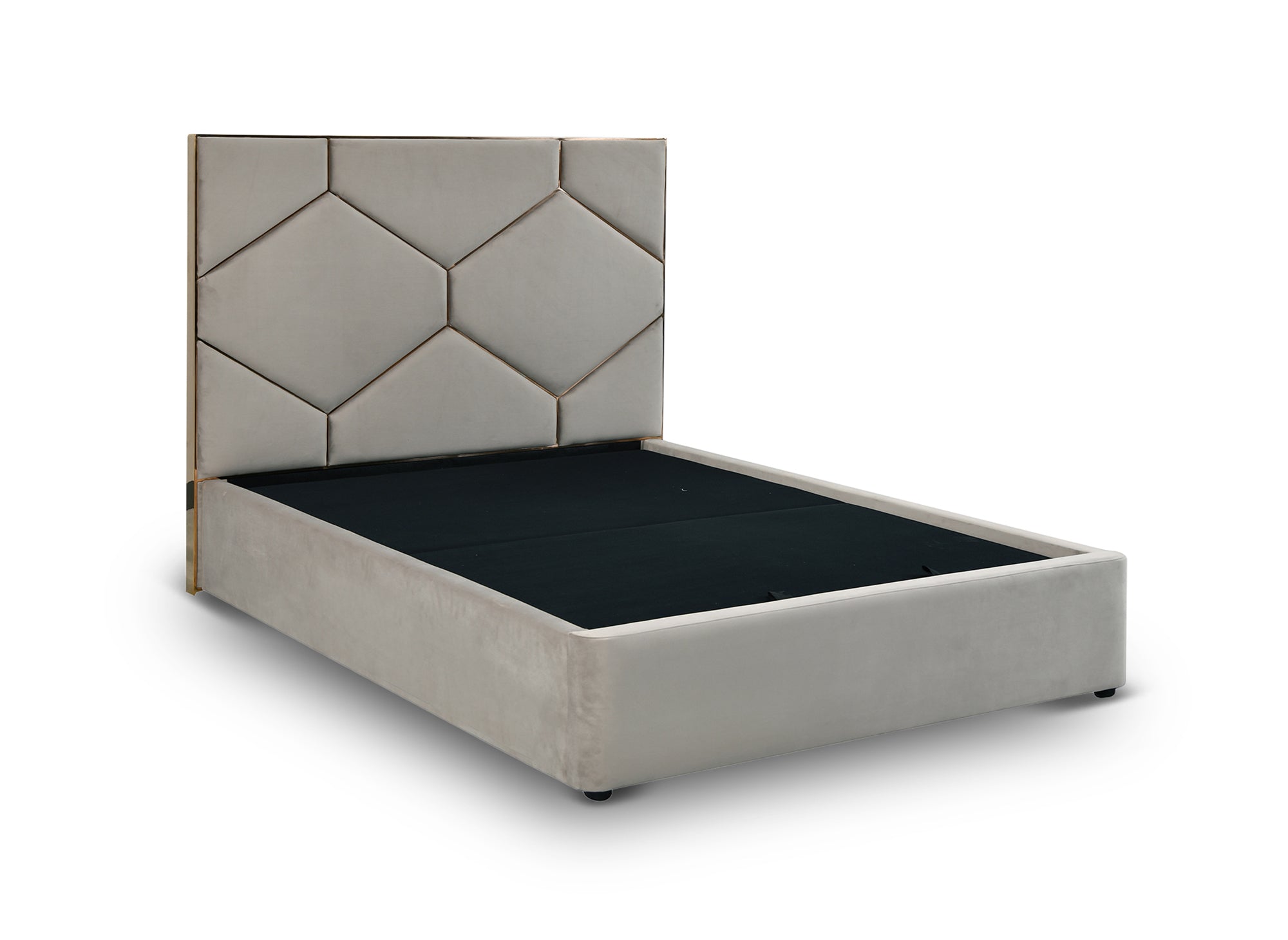 Lit coffre avec tête de lit design en velours taupe LARA 140 x 190 cm