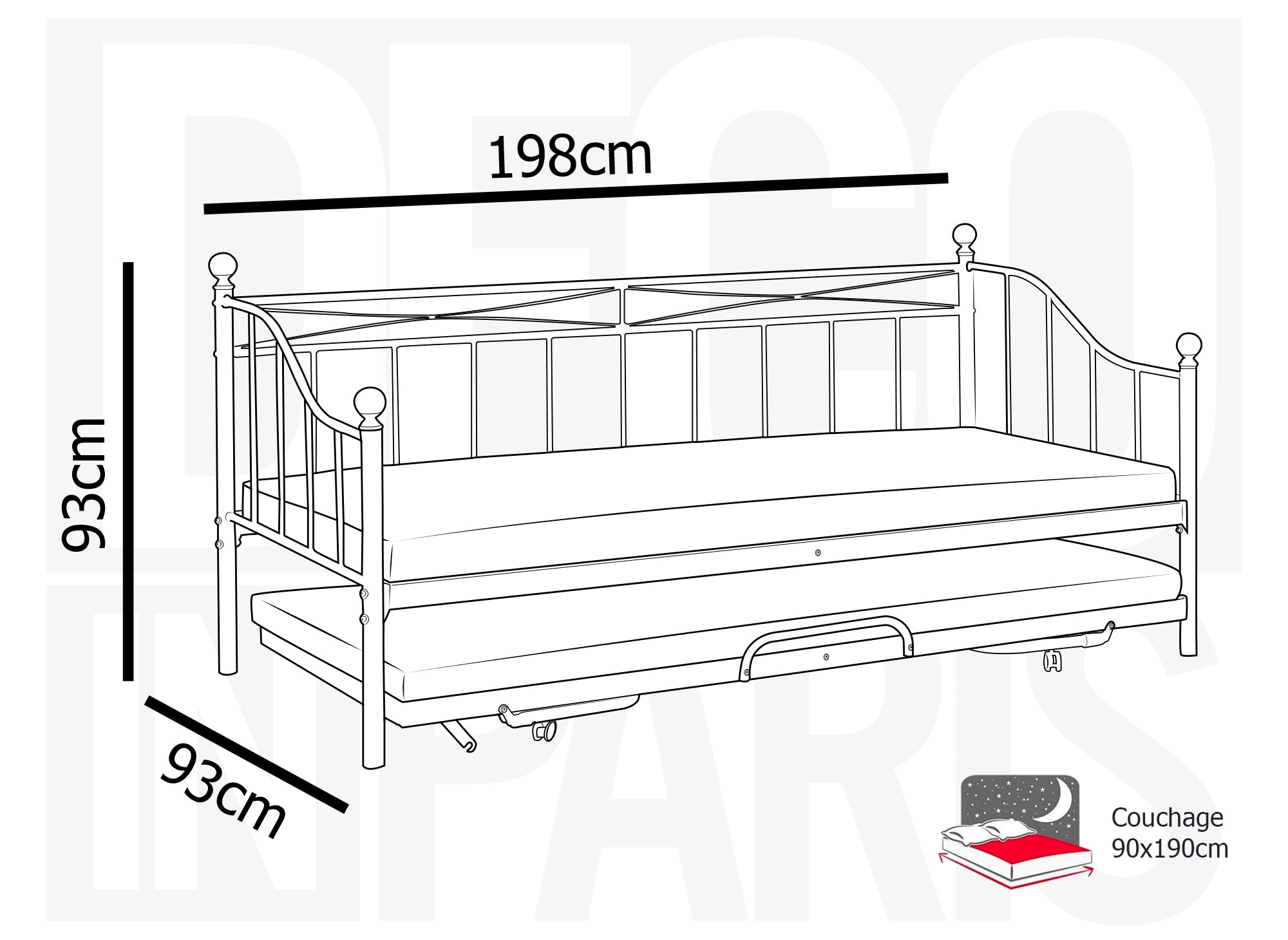 Lit banquette gigogne en métal noir ALICIA 90 x 190 cm