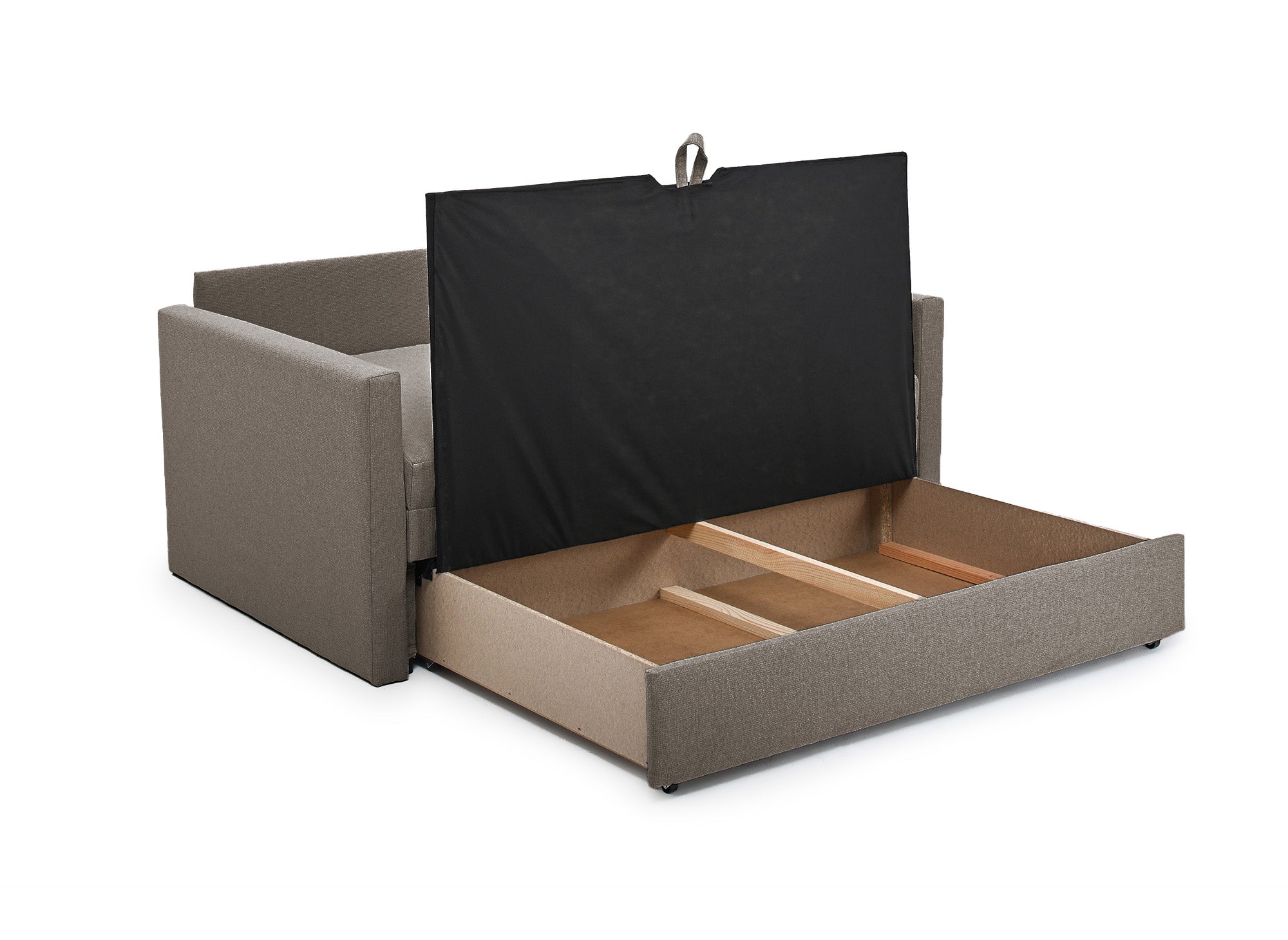 Canapé convertible 2 places avec coffre de rangement en tissu taupe YERAZ
