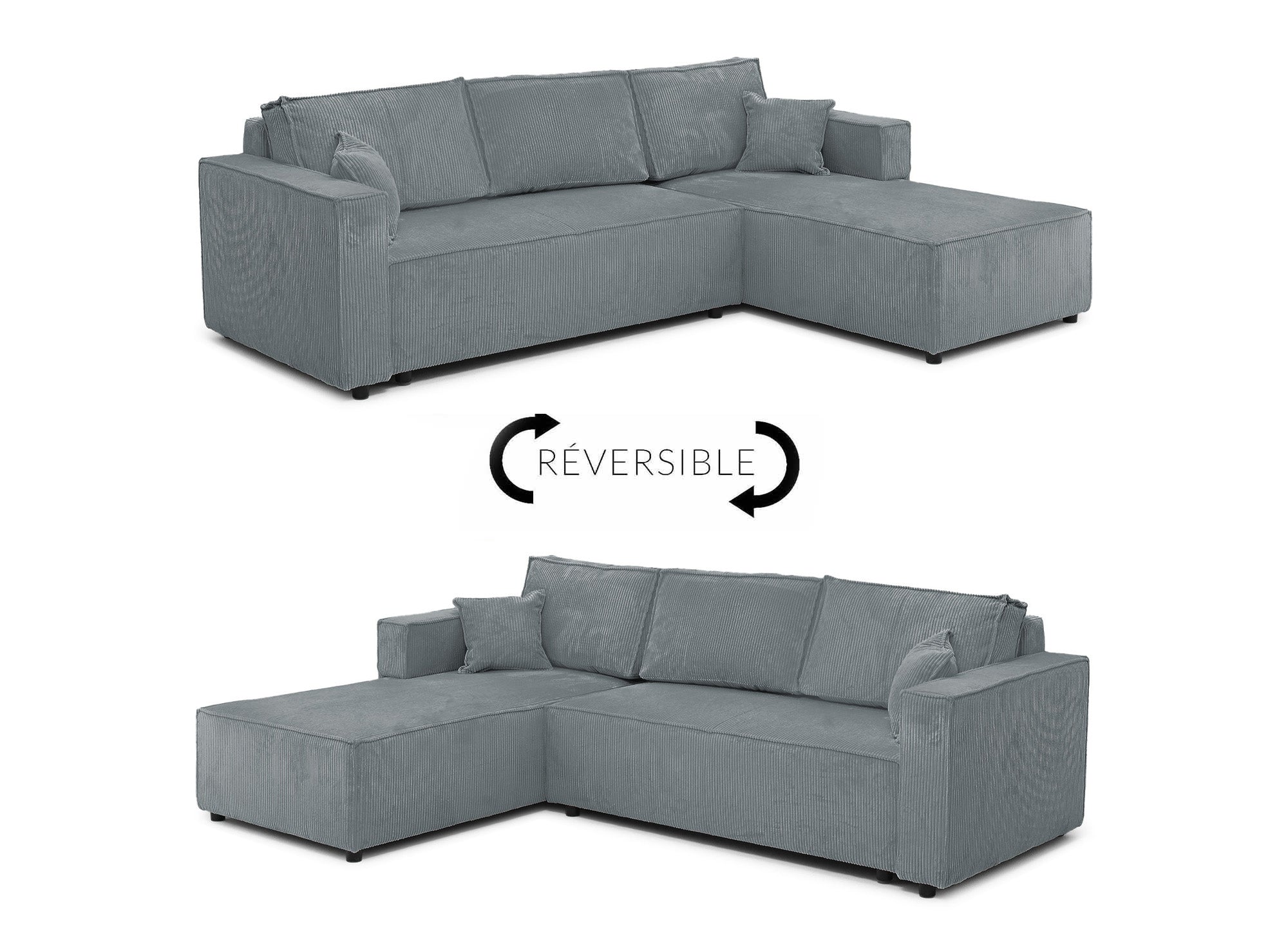 Canapé d'angle convertible réversible avec coffre en velours côtelé gris SYNA