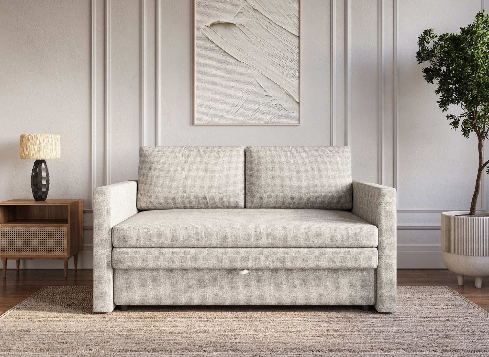 Canapé convertible 2 places avec coffre de rangement en tissu beige YERAZ