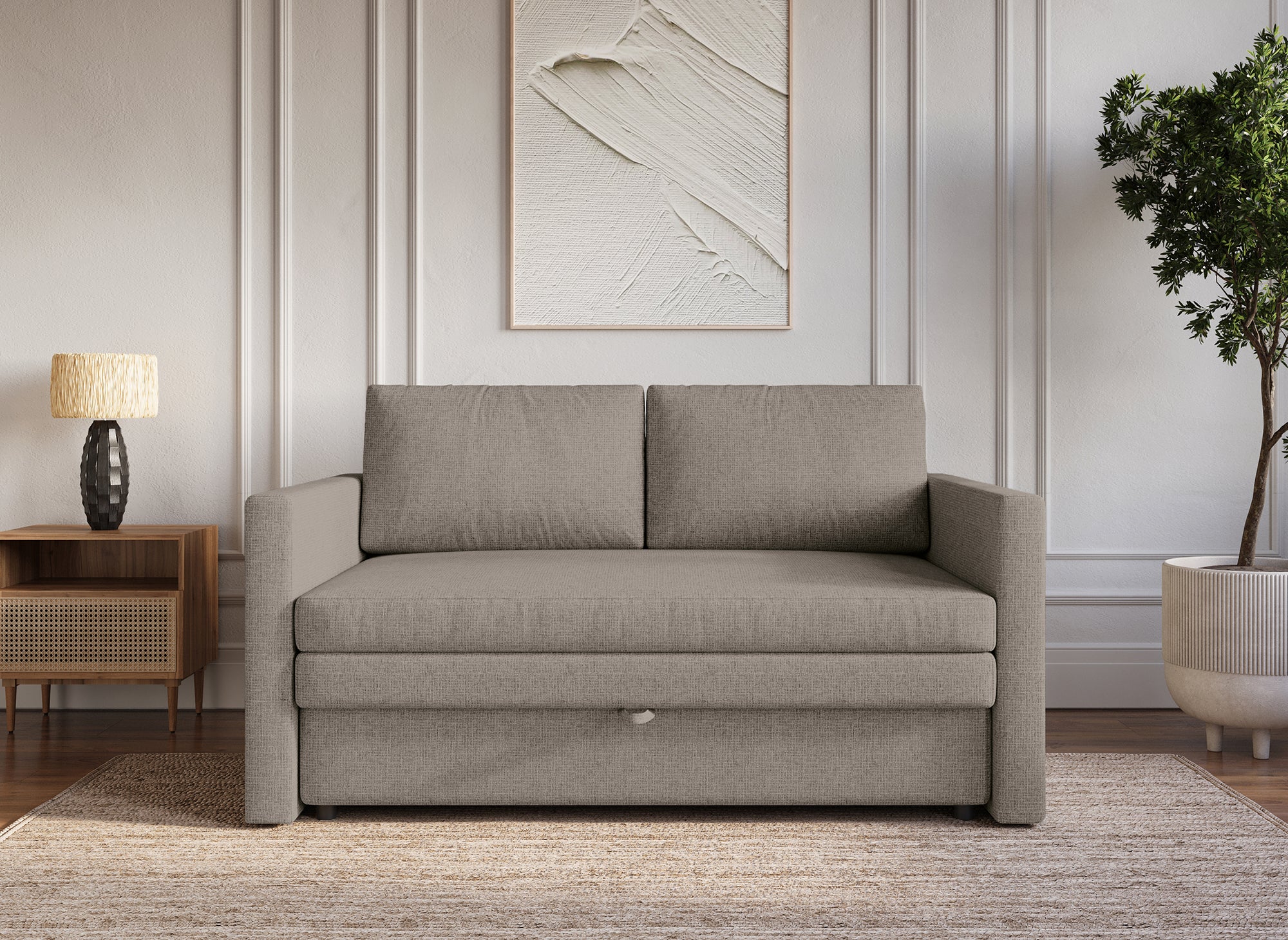 Canapé convertible 2 places avec coffre de rangement en tissu taupe YERAZ